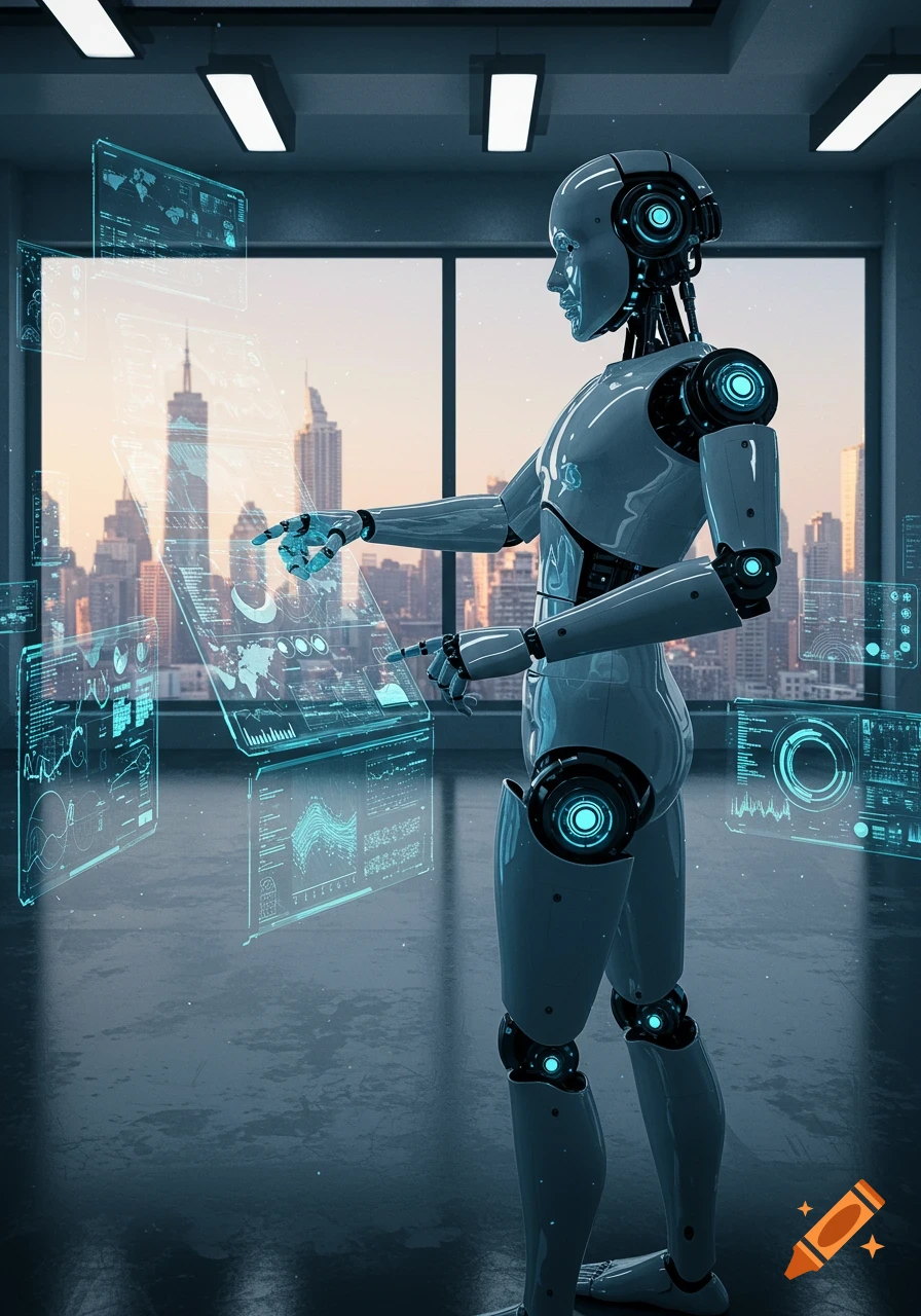 Sleek humanoid robot interacts with glowing holographic data screens in a modern office with a city skyline at sunset.