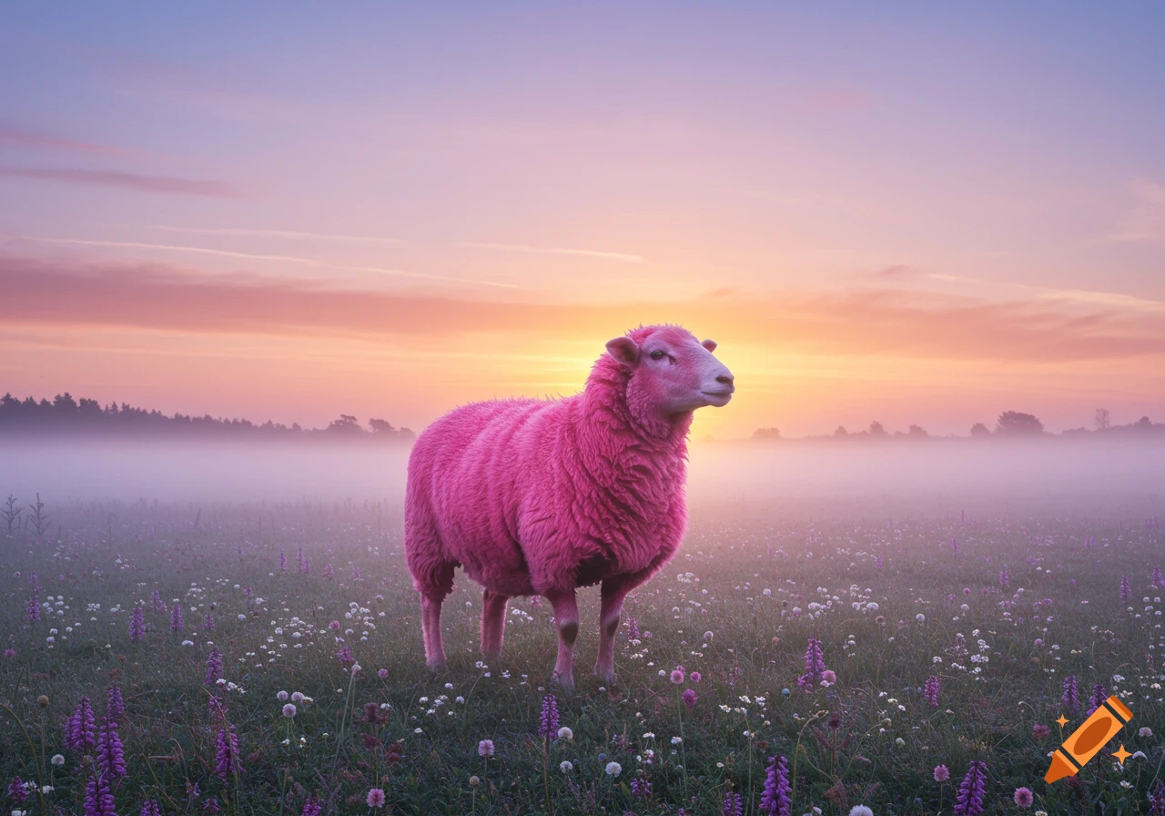 A vibrant pink sheep stands in a misty field filled with purple and white wildflowers under a beautiful sunrise sky.