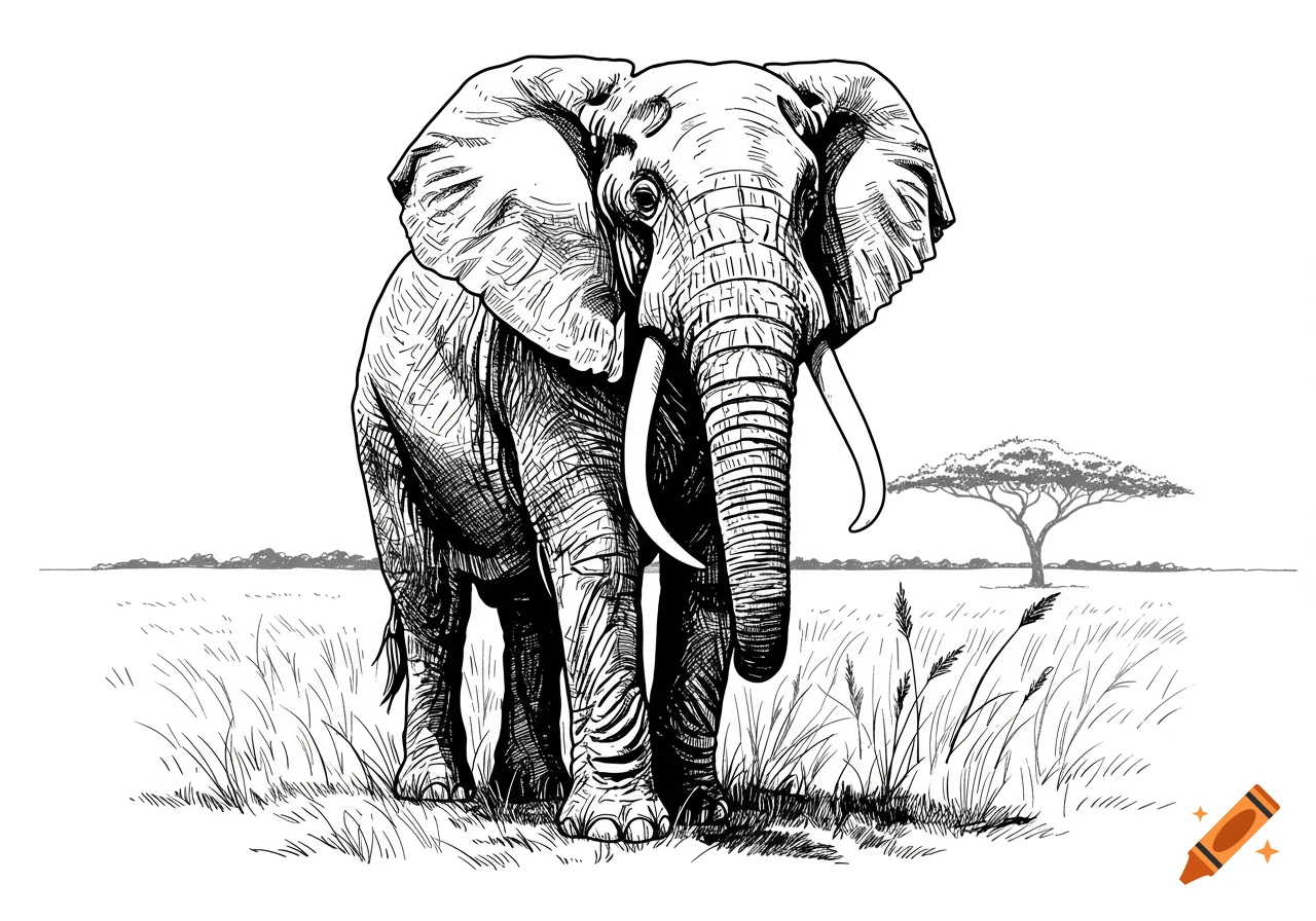 A black and white sketch of an elephant standing in a savanna with a lone tree in the background.