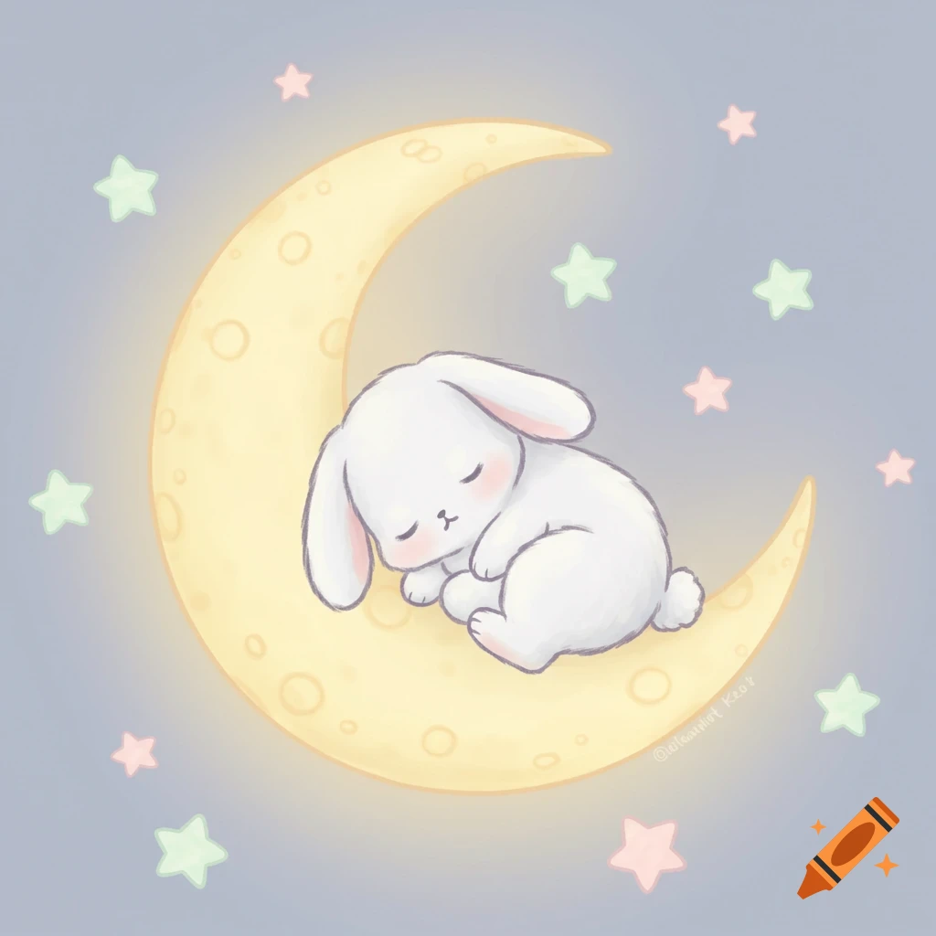 Cute cartoon bunny sleeps on a glowing crescent moon, surrounded by pastel stars. Kawaii style illustration.