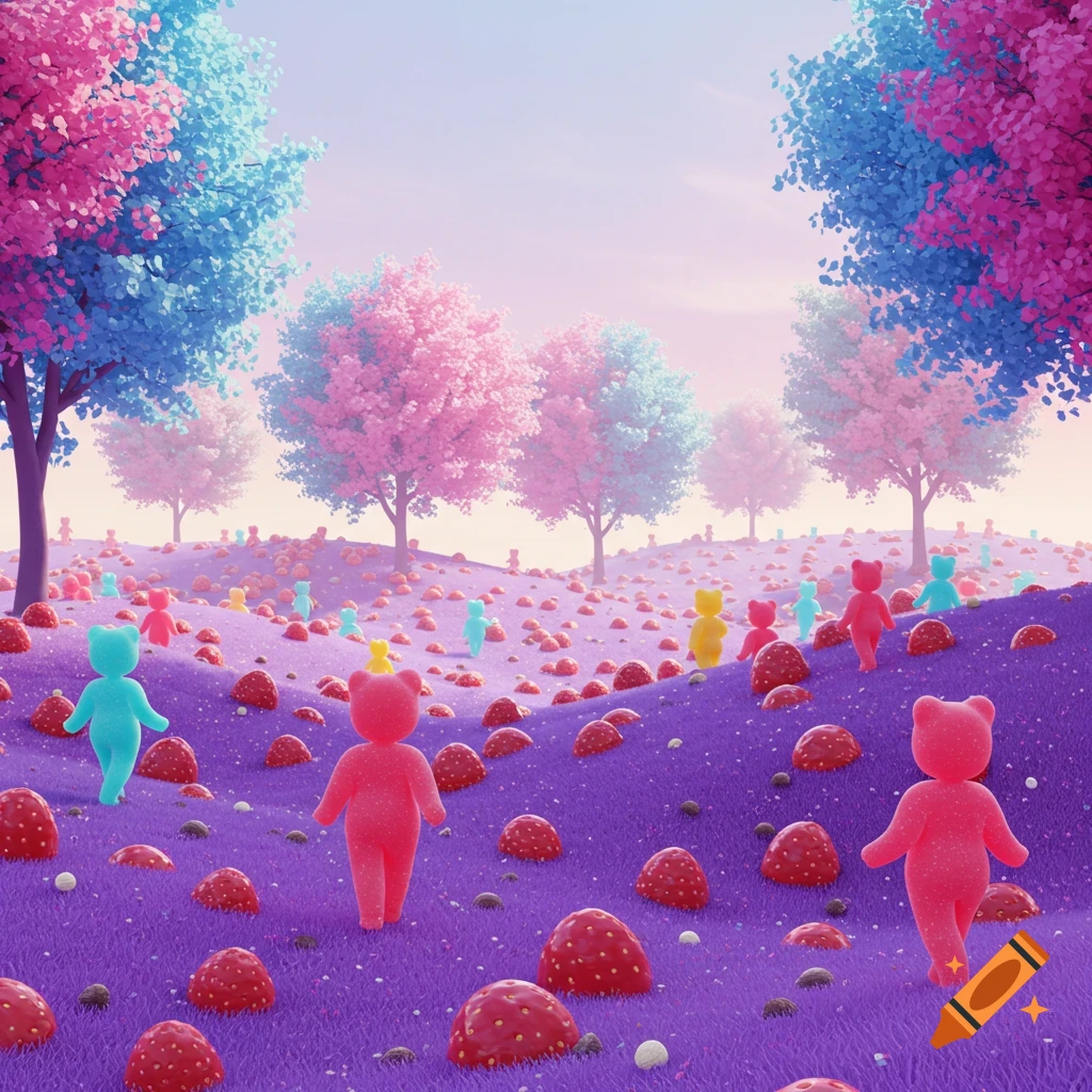 A colorful, surreal fantasy landscape with pink and blue trees, purple hills dotted with strawberries, and walking gummy bear figures.