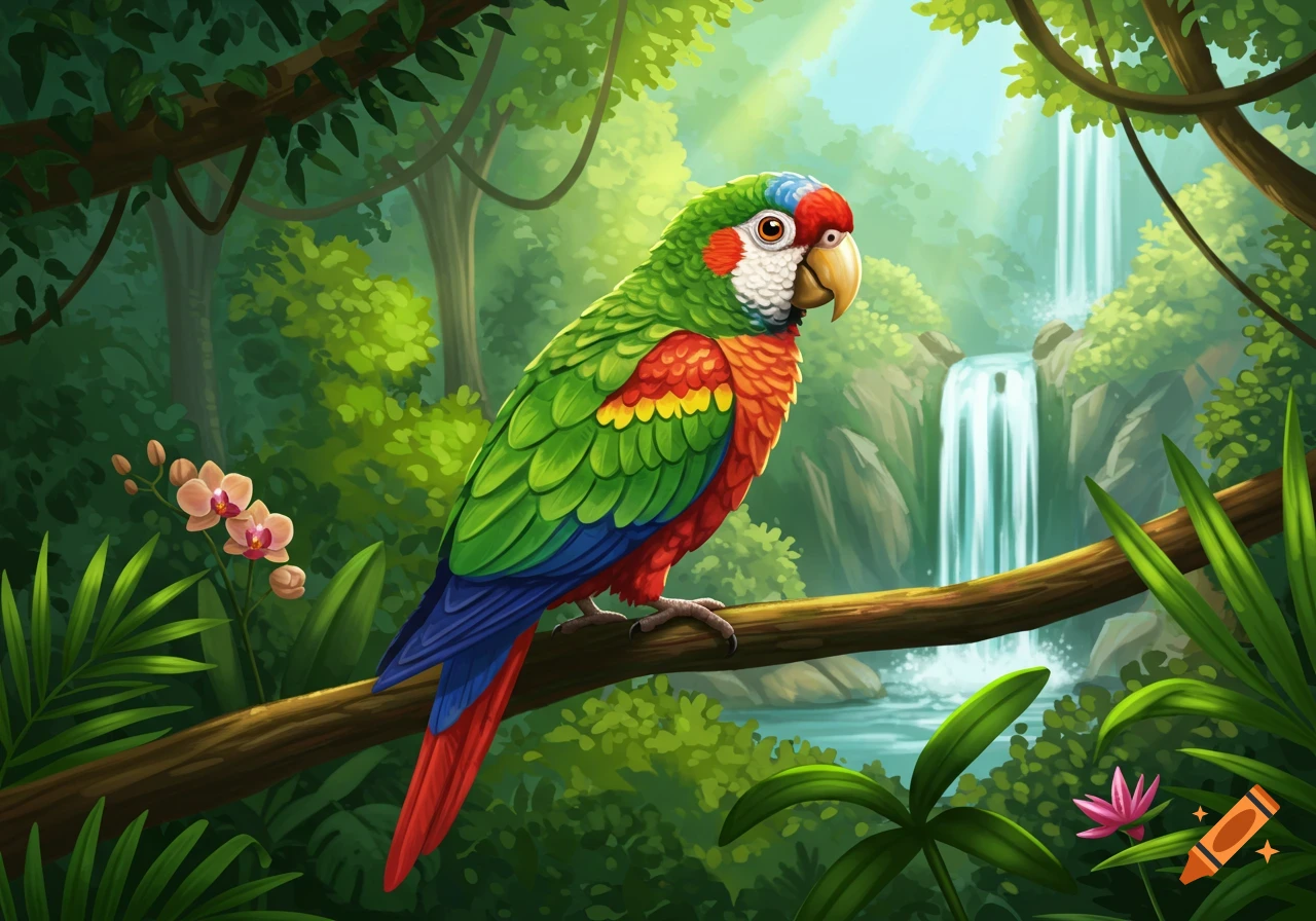 Colorful cartoon parrot perched on a branch in a vibrant jungle with a waterfall.