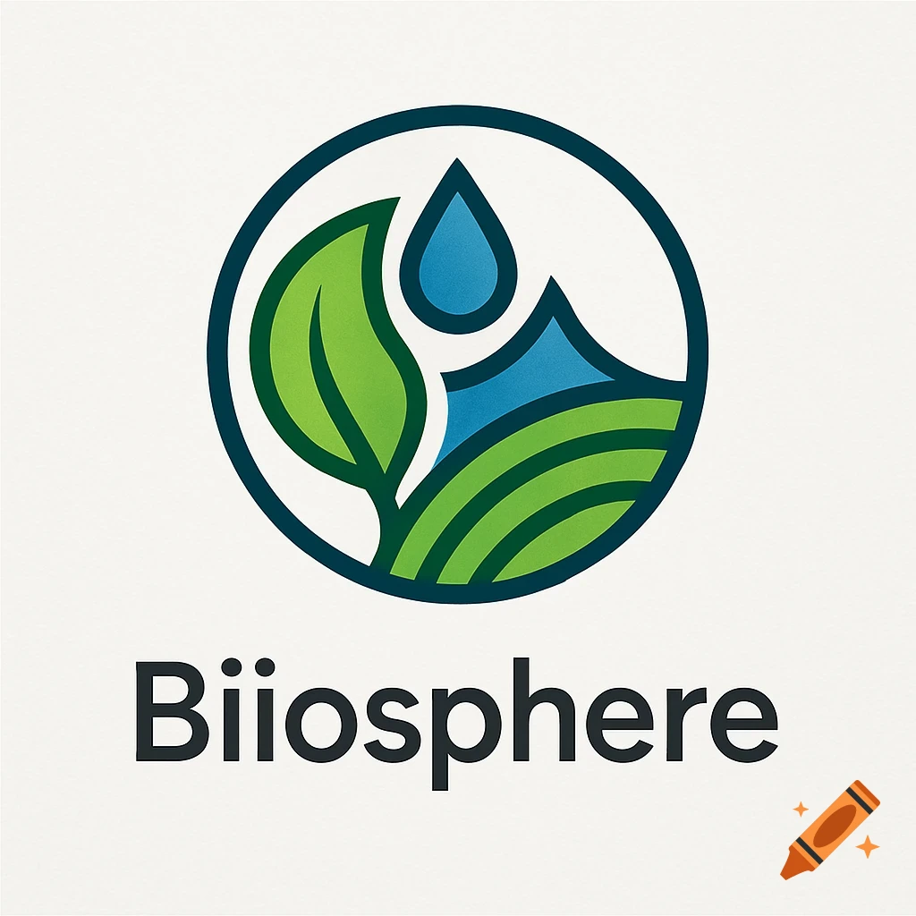 A logo featuring a green leaf, a blue water droplet, and green striped fields within a dark blue circle, with the word "Biiosphere" written underneath.
