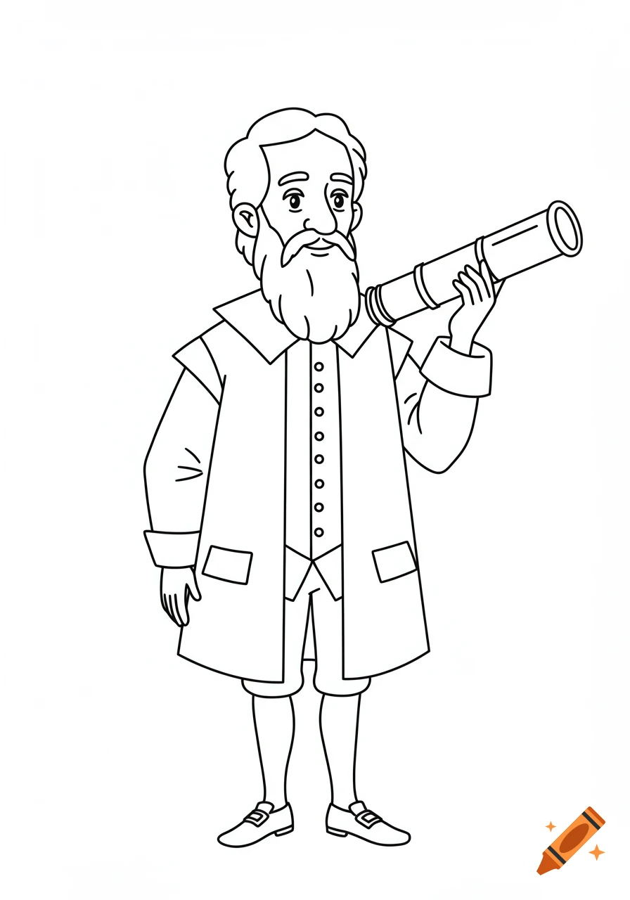 A line art drawing of Galileo Galilei holding a telescope, presented as a coloring page.