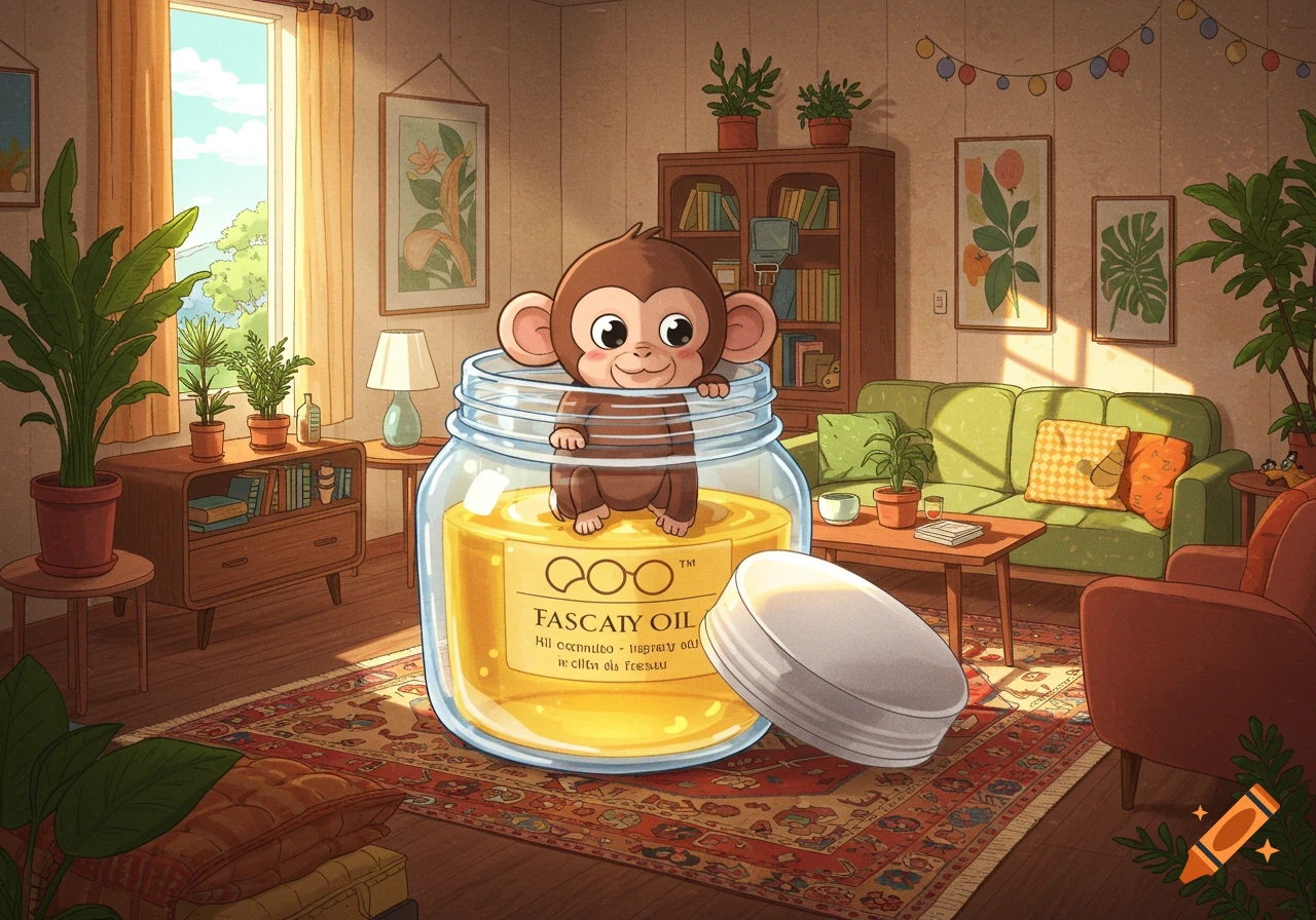 A cute cartoon monkey sits inside a large facial oil jar in a whimsical living room, depicted in a playful illustration style.