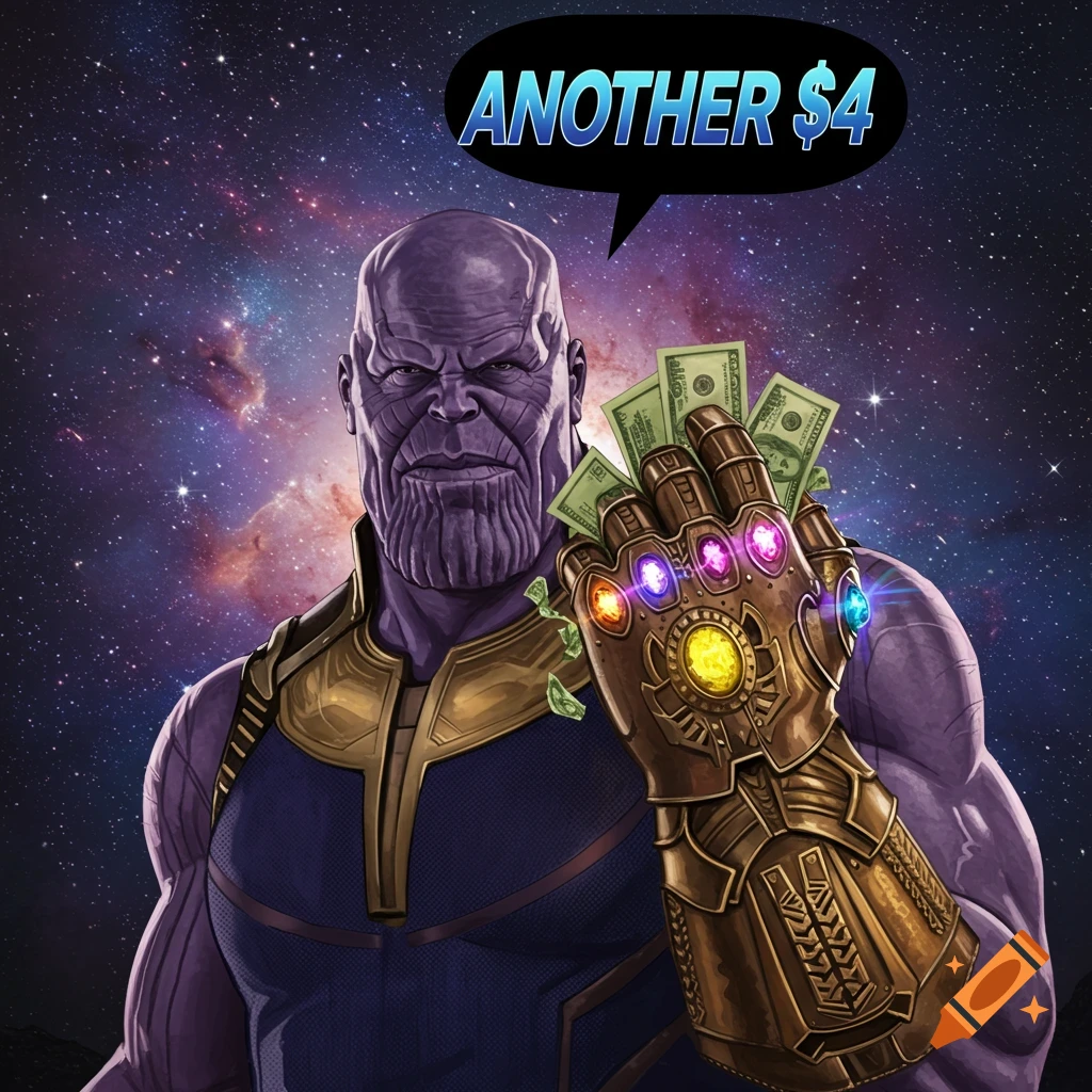Thanos, a purple supervillain, holds money in his glowing Infinity Gauntlet, saying 'ANOTHER $4' in a speech bubble, against a starry galaxy.