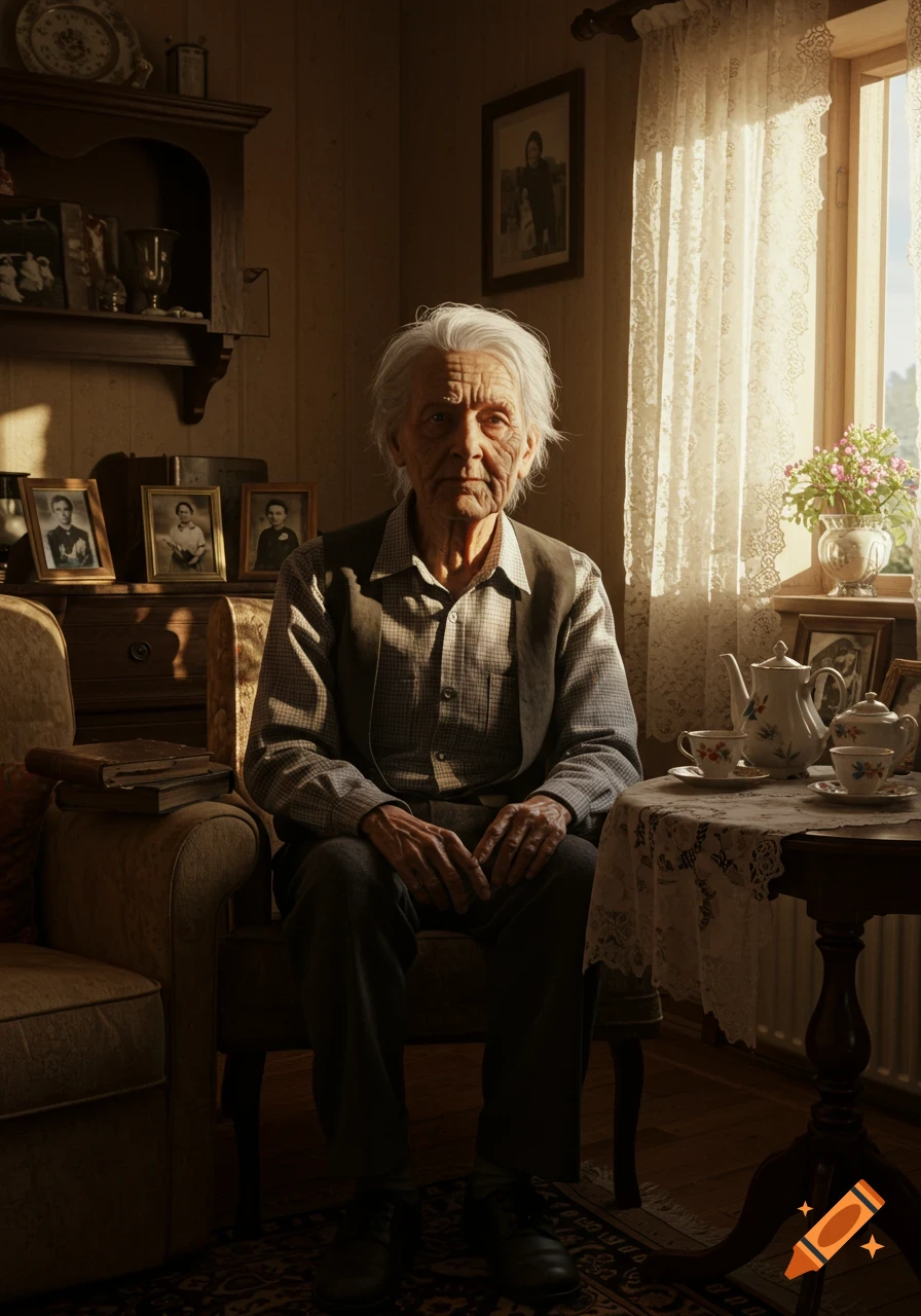 A photorealistic portrait of an elderly person with white hair sitting in a dimly lit room, illuminated by sunlight from a window.