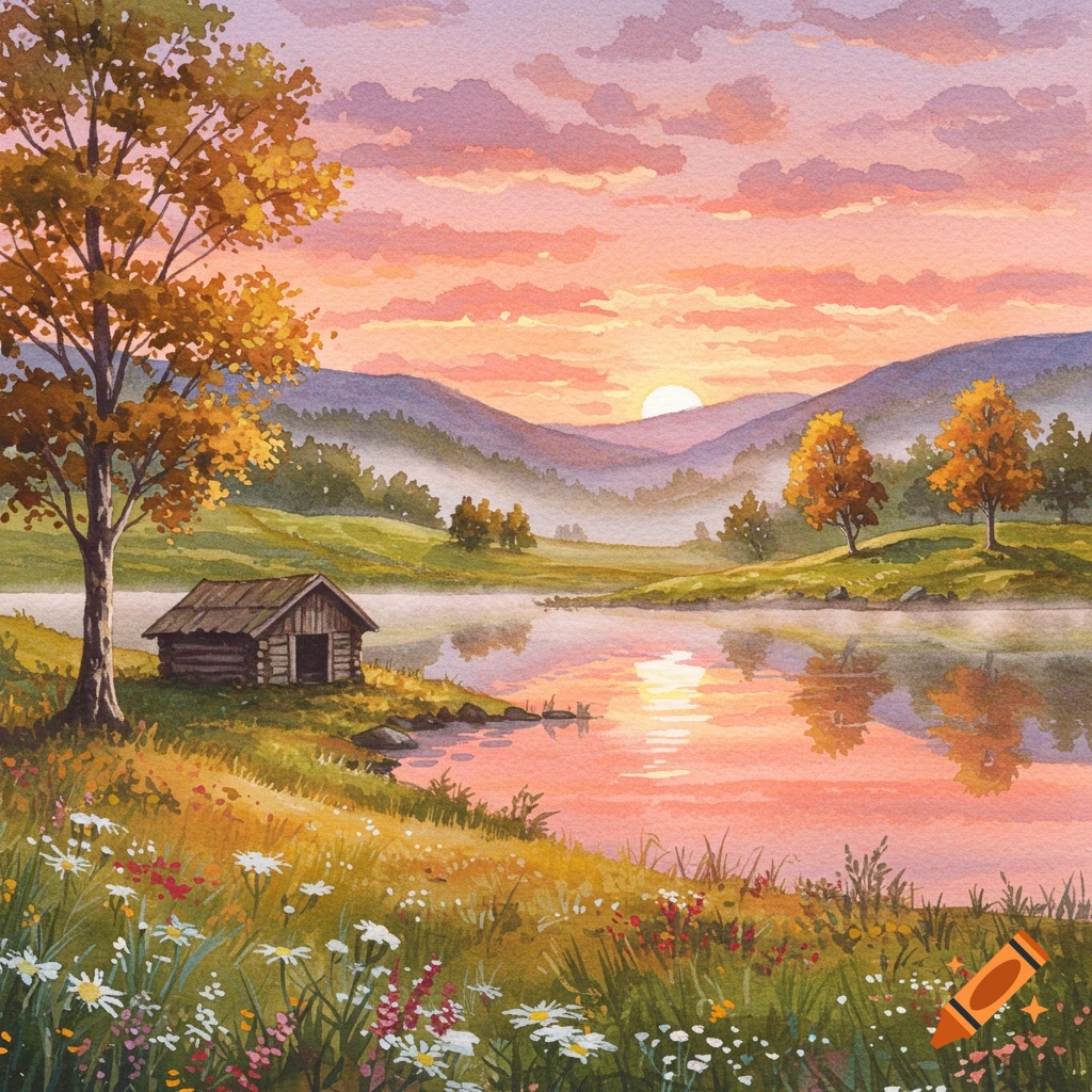 Watercolor painting of a tranquil autumn landscape with a log cabin by a lake reflecting a sunset sky, surrounded by mountains.