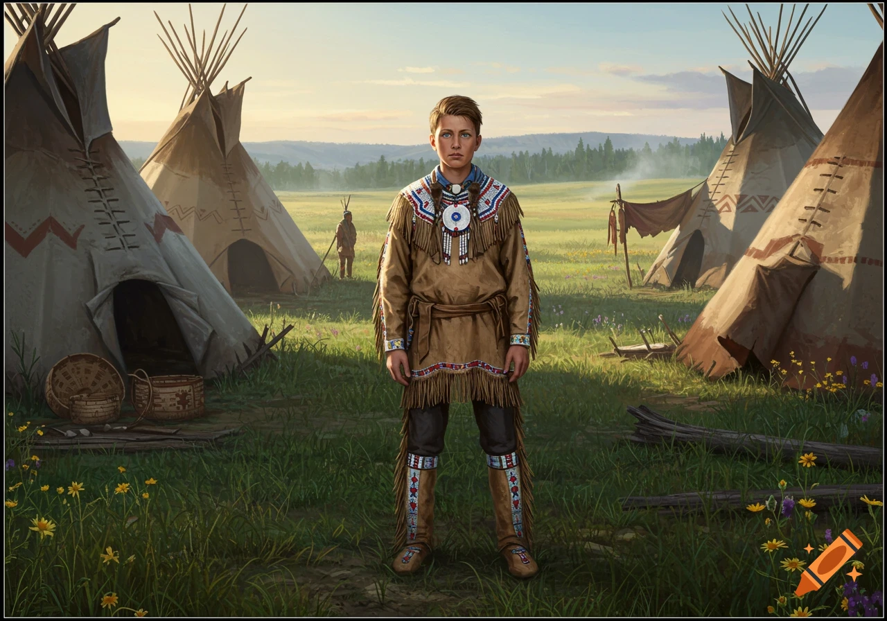 A boy in traditional Native American clothing stands in a grassy field among tipis at sunset. Realistic illustration.