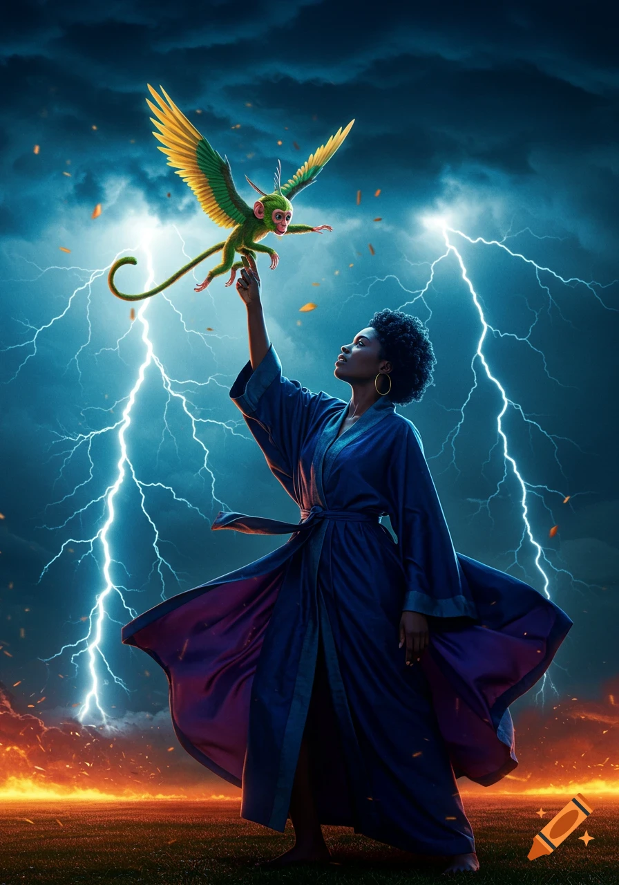 A Black woman in a blue robe reaches to touch a small green winged monkey amidst a stormy sky with lightning and fiery ground.