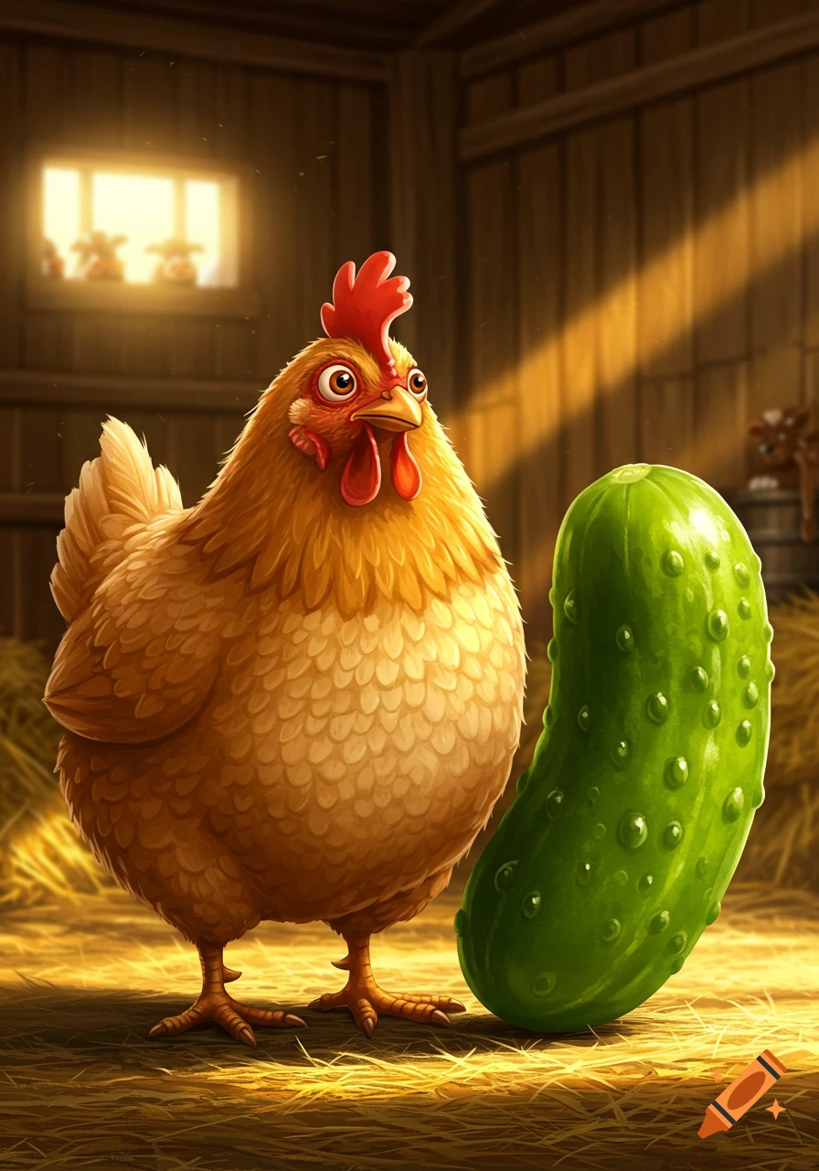 A cartoon chicken stares wide-eyed at a large pickle on a hay-covered floor in a barn with light streaming through a window.