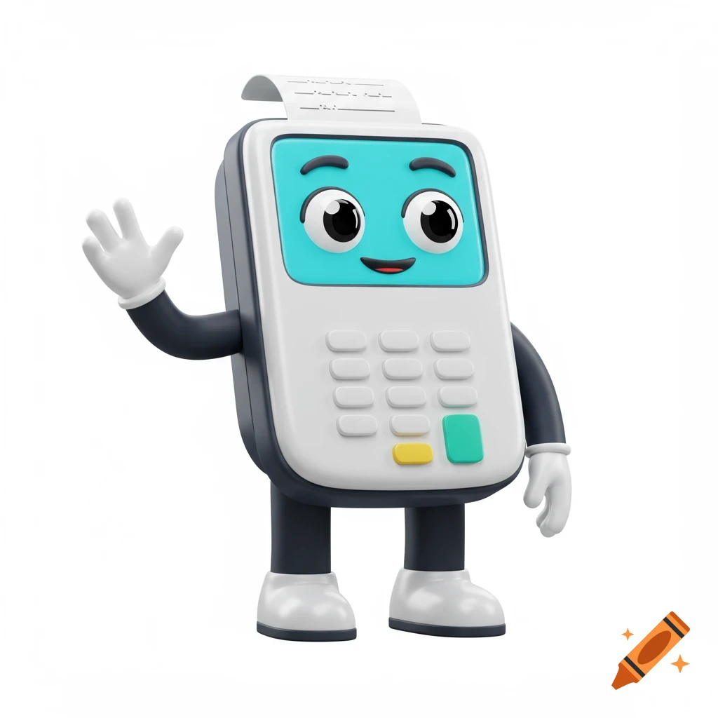 A cute 3D cartoon cash register mascot with a teal screen face, waving, on a white background.