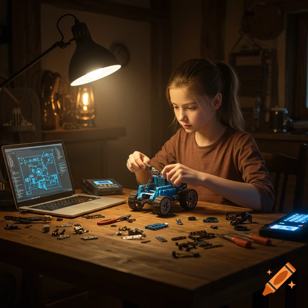 A young girl in a warm room builds a blue robot car on a wooden table, lit by a desk lamp, with a laptop and tools nearby.