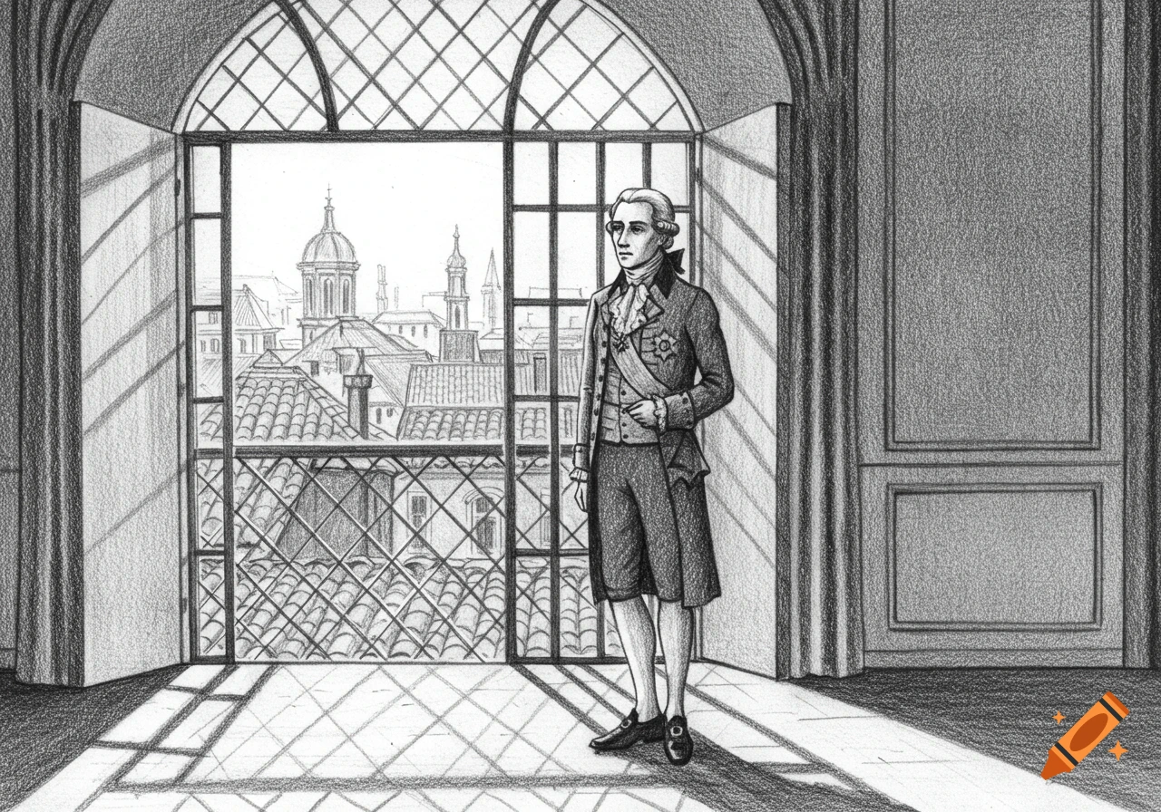 Pencil drawing of a man in historical attire standing by a large arched window overlooking a city.