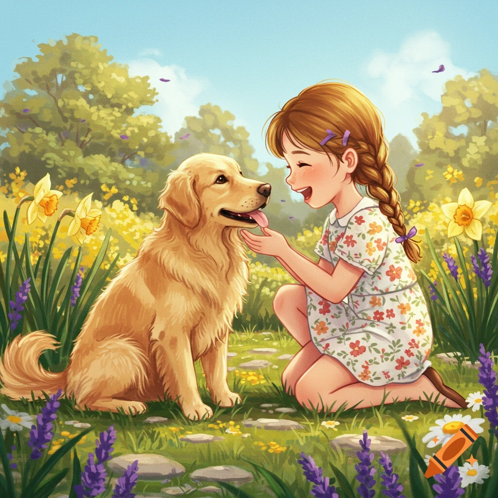 A cute girl with braided hair crouches to pet a golden retriever in a sunny field of colorful spring flowers, digital illustration.