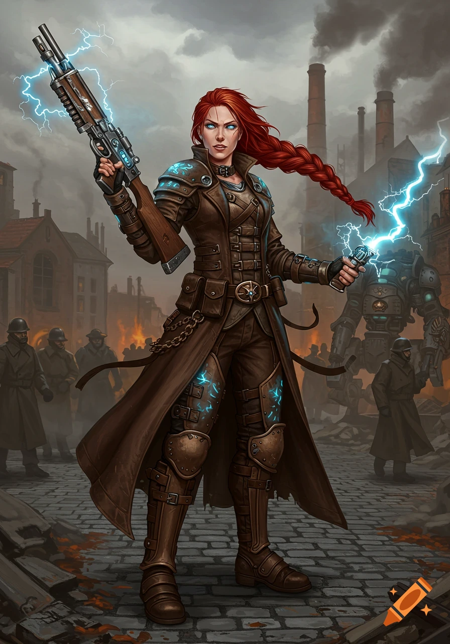 Red-haired female Gun Mage in a steampunk coat and armor wields an electrical rifle and magic in a war-torn industrial city.