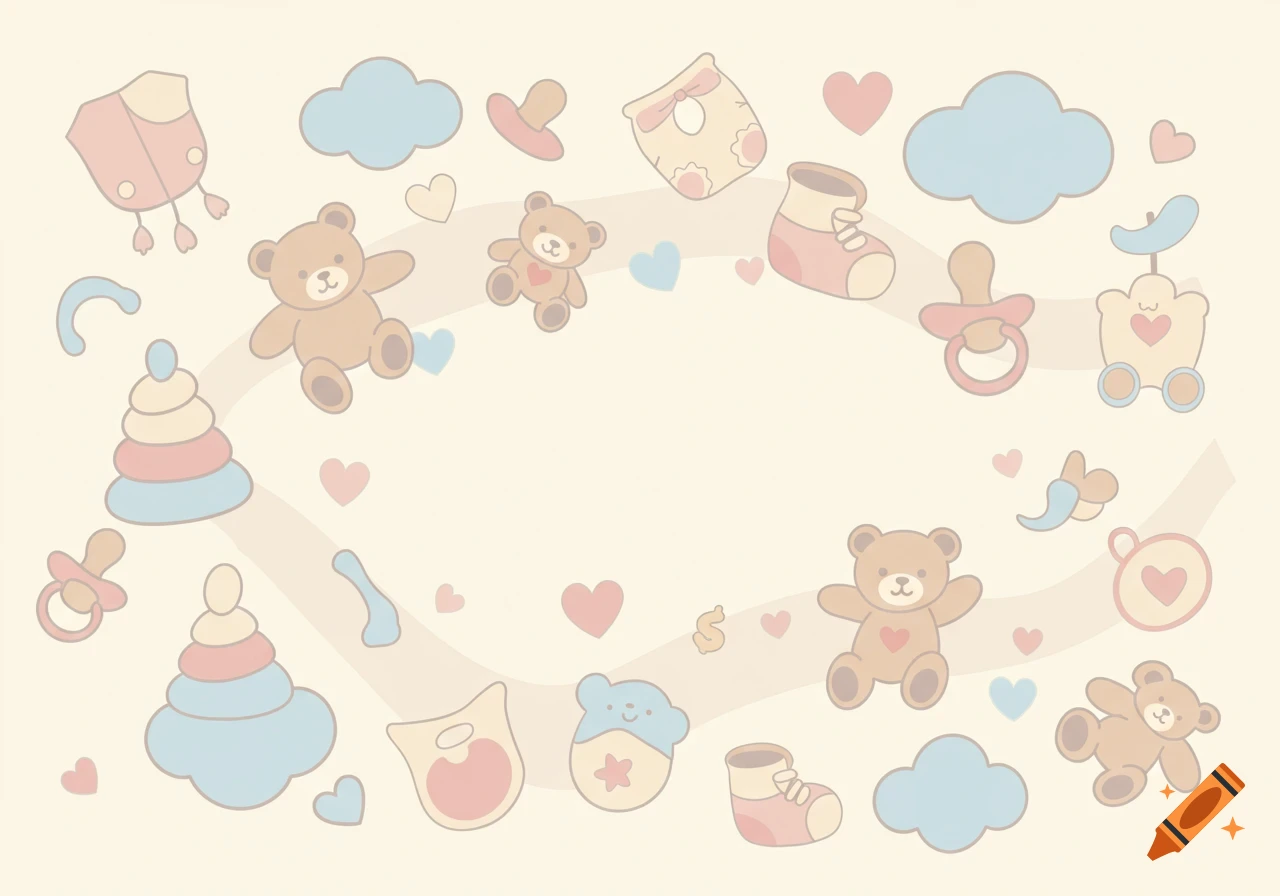 Soft pastel illustration with a border of baby items: teddy bears, pacifiers, shoes, clouds, and hearts on a cream background.