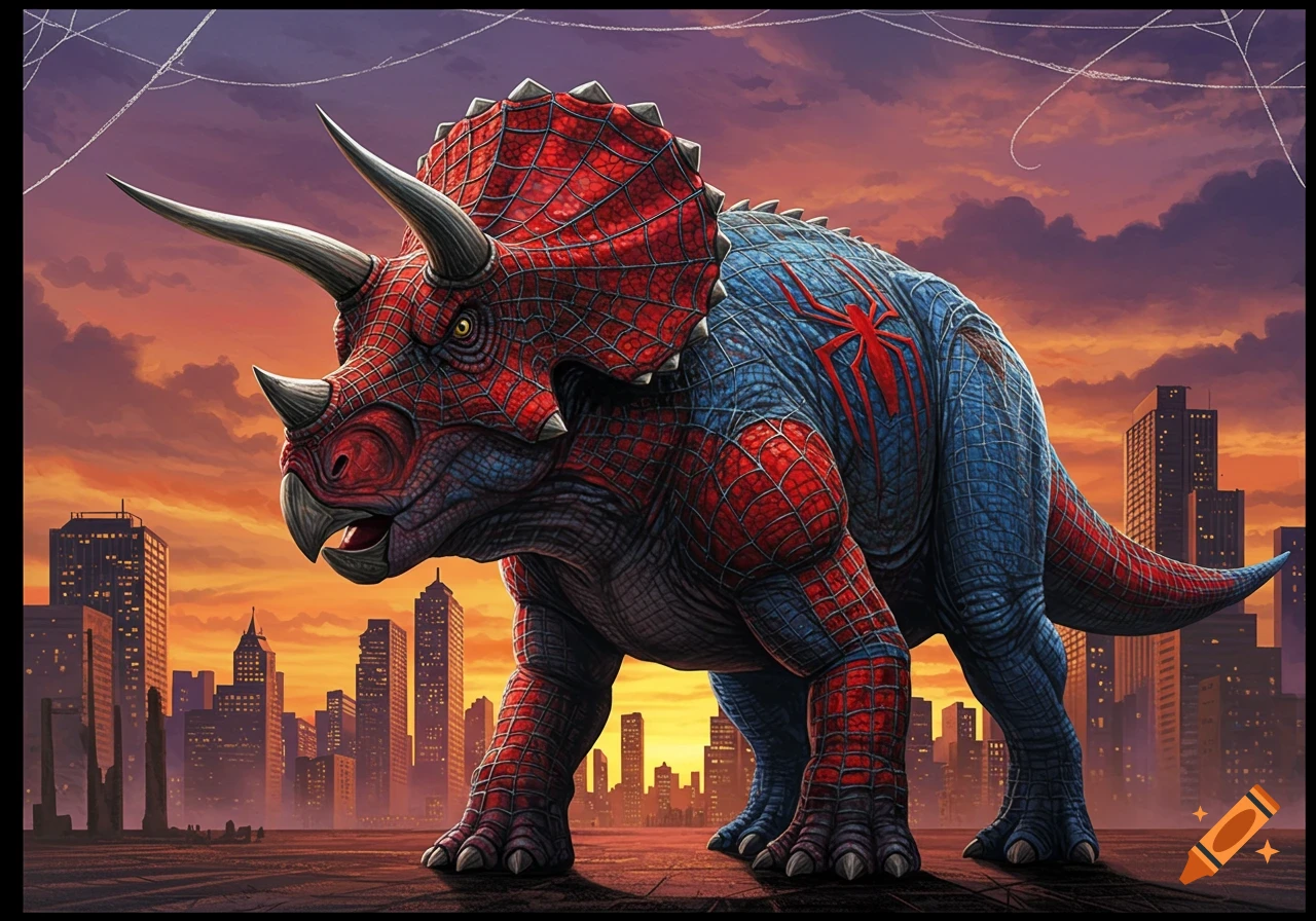 A triceratops in a red and blue Spider-Man suit with web patterns stands in a city at sunset.
