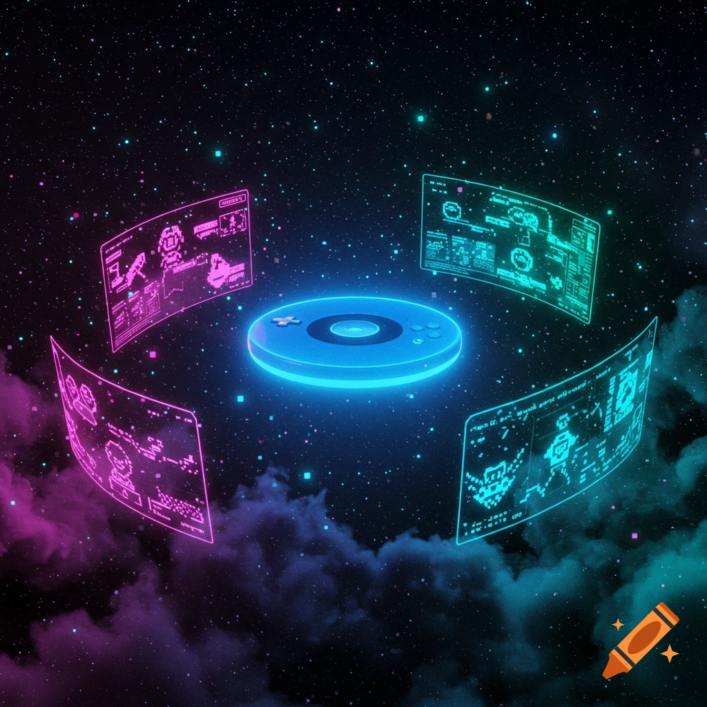 A glowing blue gaming console in space surrounded by curved holographic screens displaying neon pink and cyan pixel art and data against a starry nebula background.