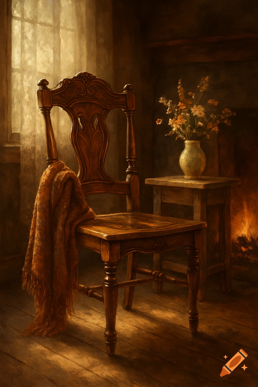 A rustic scene with an ornate wooden chair draped with an orange blanket, beside a table with flowers and a lit fireplace, in a painterly style.