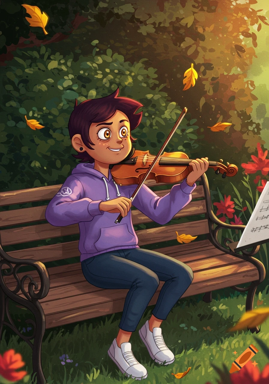Cartoon character Luz Noceda sits on a park bench playing the violin with autumn leaves falling around her.