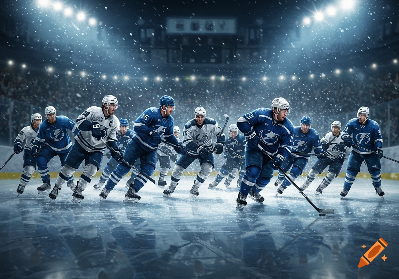 Photorealistic image of multiple hockey players in blue and white jerseys on an ice rink, with snow falling and stadium lights shining.