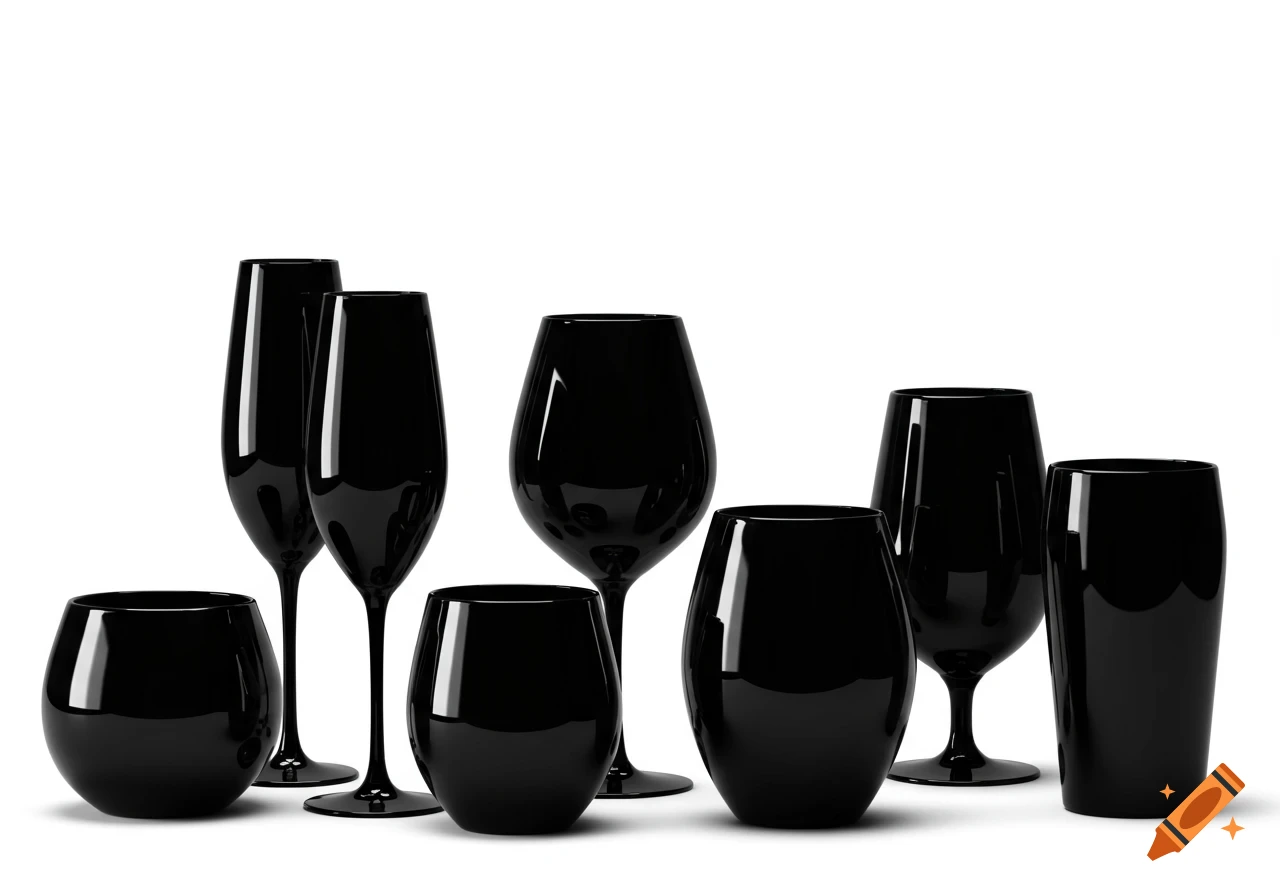 Assortment of shiny black glasses, including wine, champagne, and tumblers, against a pure white background.