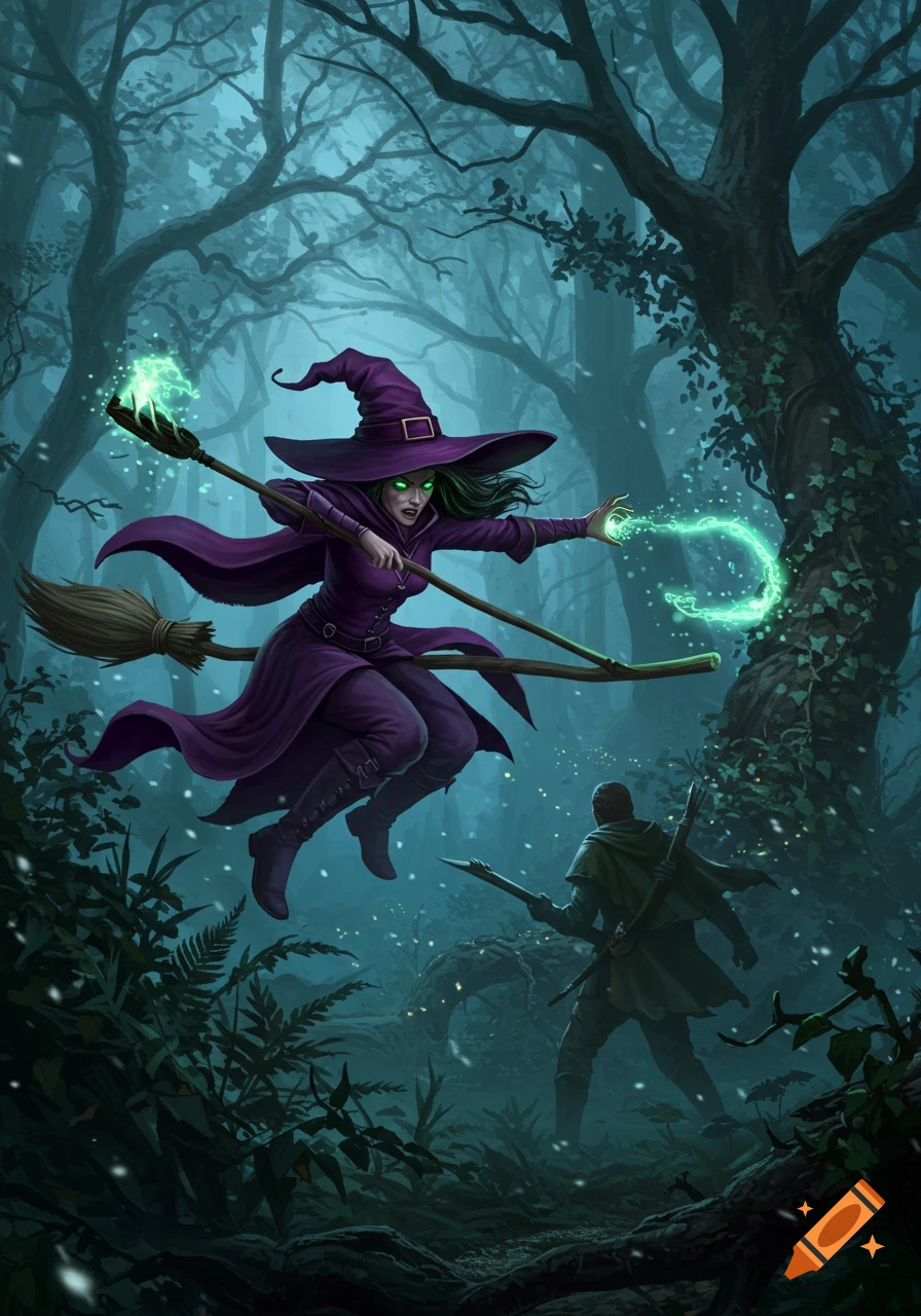 A purple-clad witch on a broomstick casts a green spell at a hunter in a dark, misty fantasy forest.