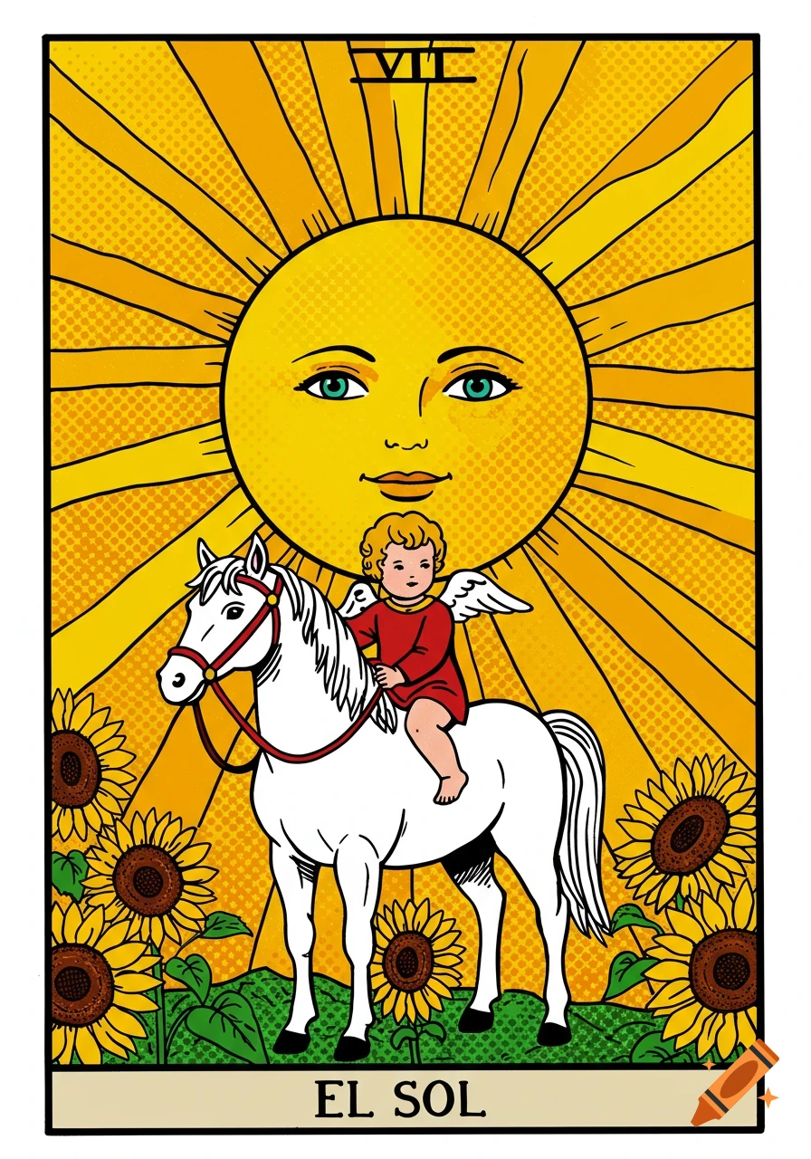 Comic art tarot card "EL SOL" depicting a smiling sun, a winged child on a white horse, and sunflowers.