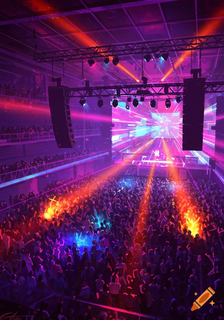 A vibrant, high-angle view of a crowded techno concert with glowing spotlights, a stage with large speakers, and an abstract light display.