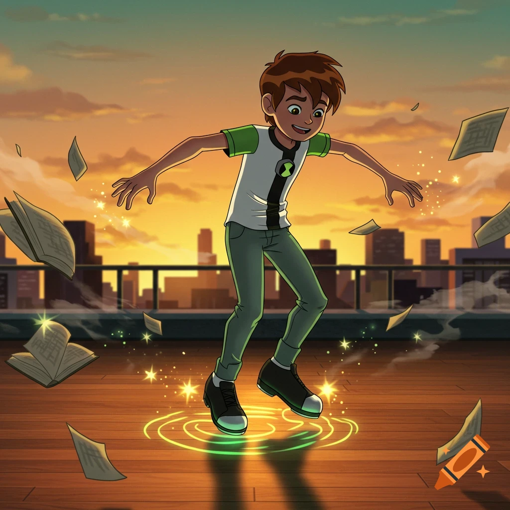 Animated Ben 10 on a rooftop at sunset, hands spread, with green glowing magic circles around his feet and floating books.
