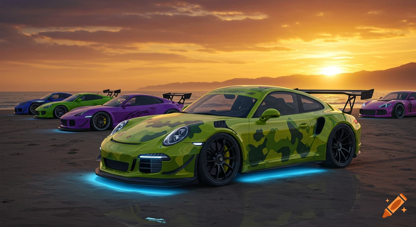 A fleet of customized Porsche 911-style sports cars, including one with green camo and blue underglow, parked on a beach at sunset.