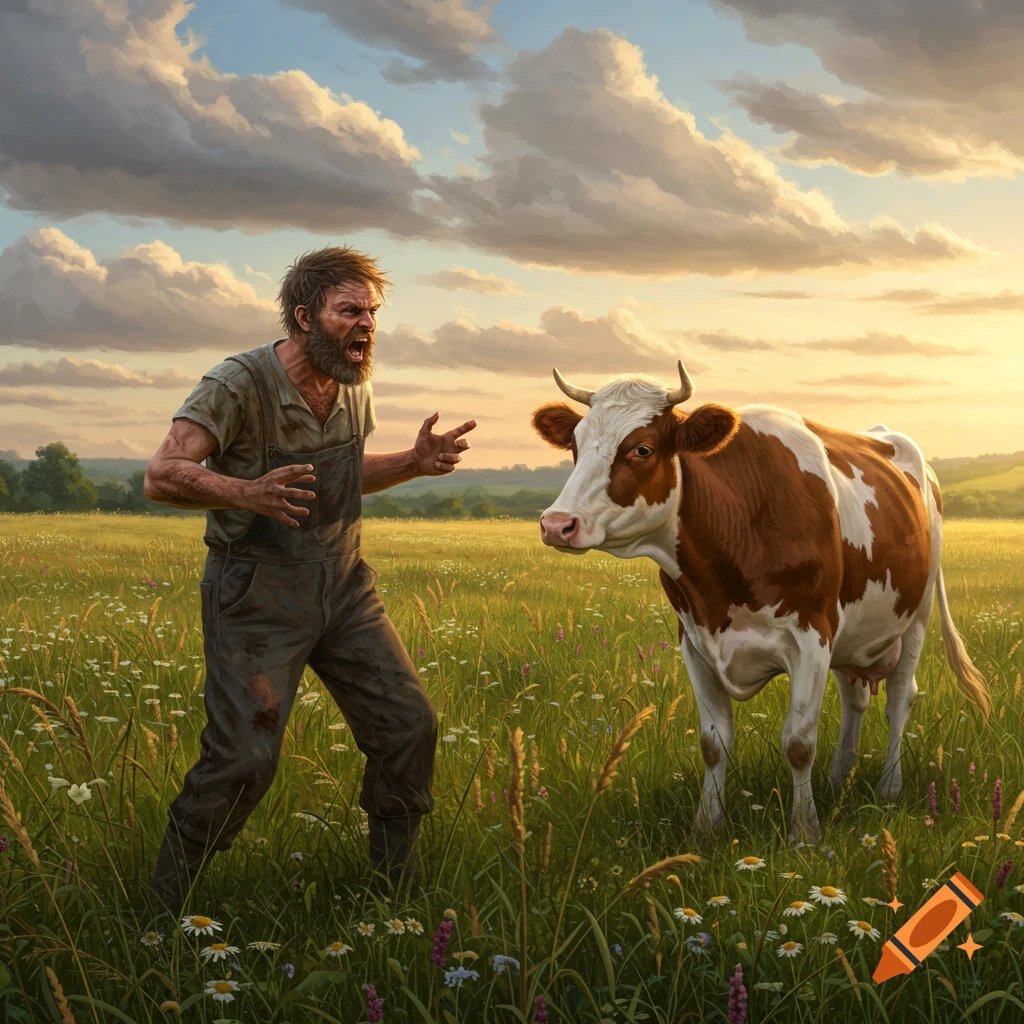 An angry, scruffy farmer yells at a calm brown and white cow in a sunny, flower-filled meadow, realistic style.