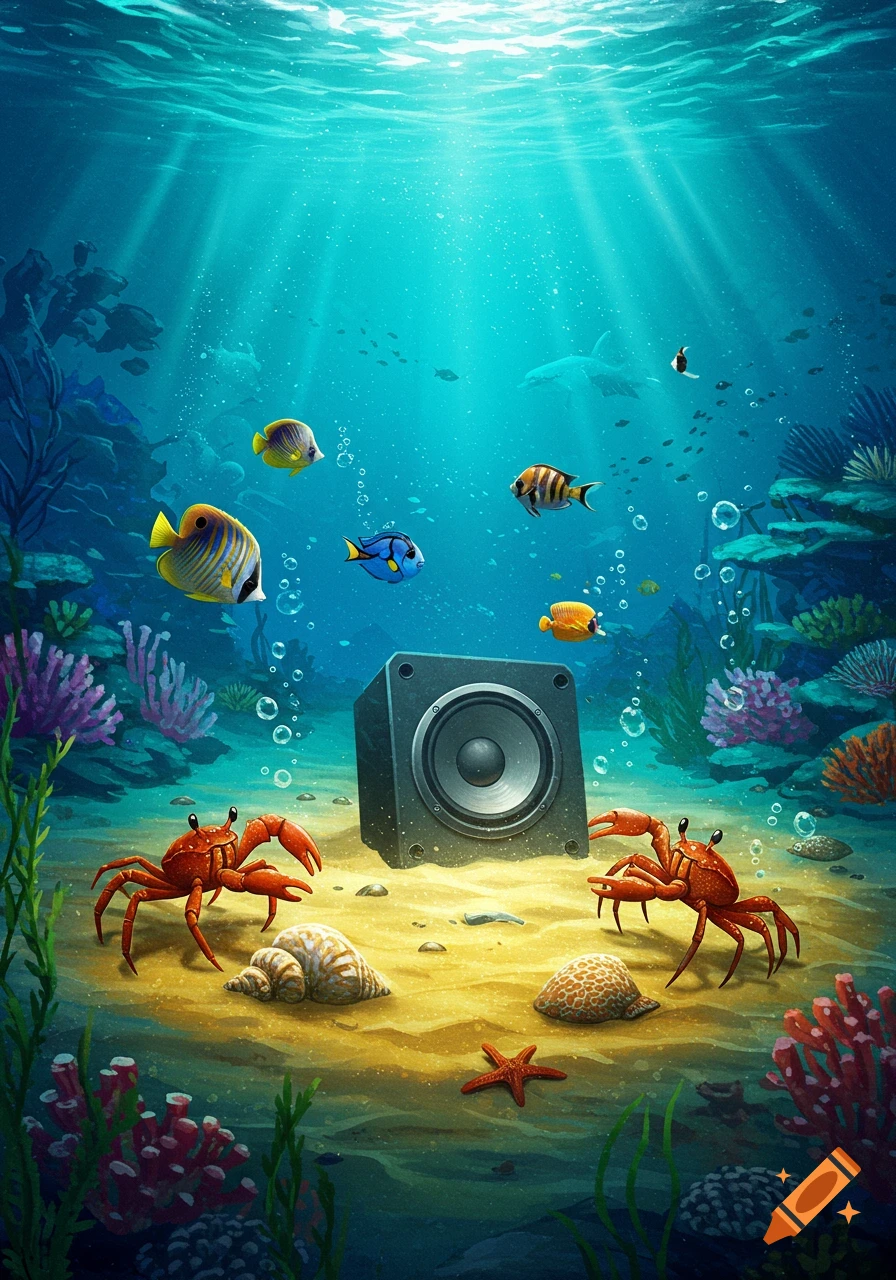 Illustrated underwater scene with a speaker on the sandy bottom, surrounded by colorful tropical fish, crabs, and corals, with light rays.