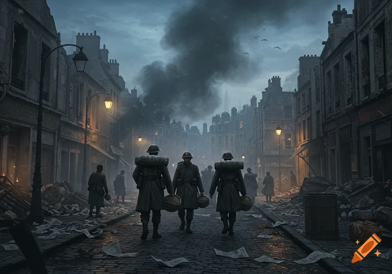 Three soldiers walk through a smoky, debris-filled city street with glowing streetlights, other soldiers in background.