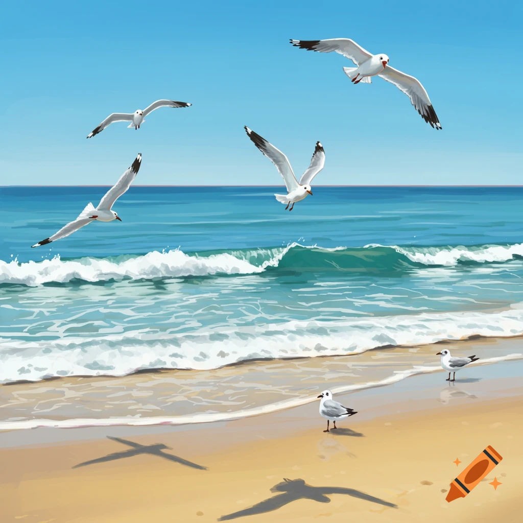 Illustration of seagulls flying and standing on a sandy beach with ocean waves under a clear blue sky.