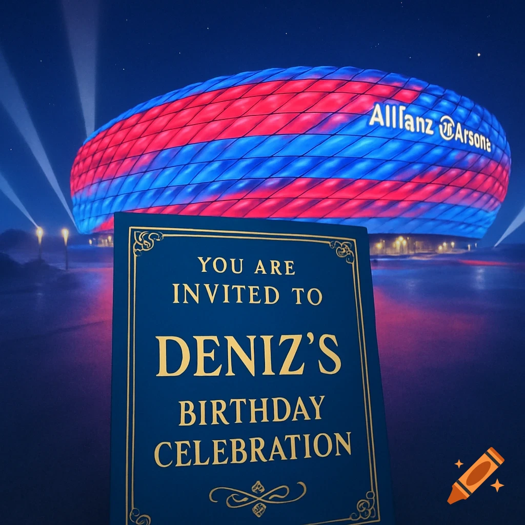 A blue birthday invitation card in front of the Allianz Arena stadium lit in red and blue at night.