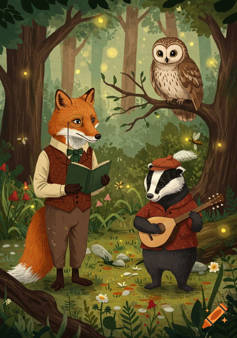 An illustration of a dapper fox reading a book, a badger playing a lute, and an owl perched on a branch in a whimsical forest.