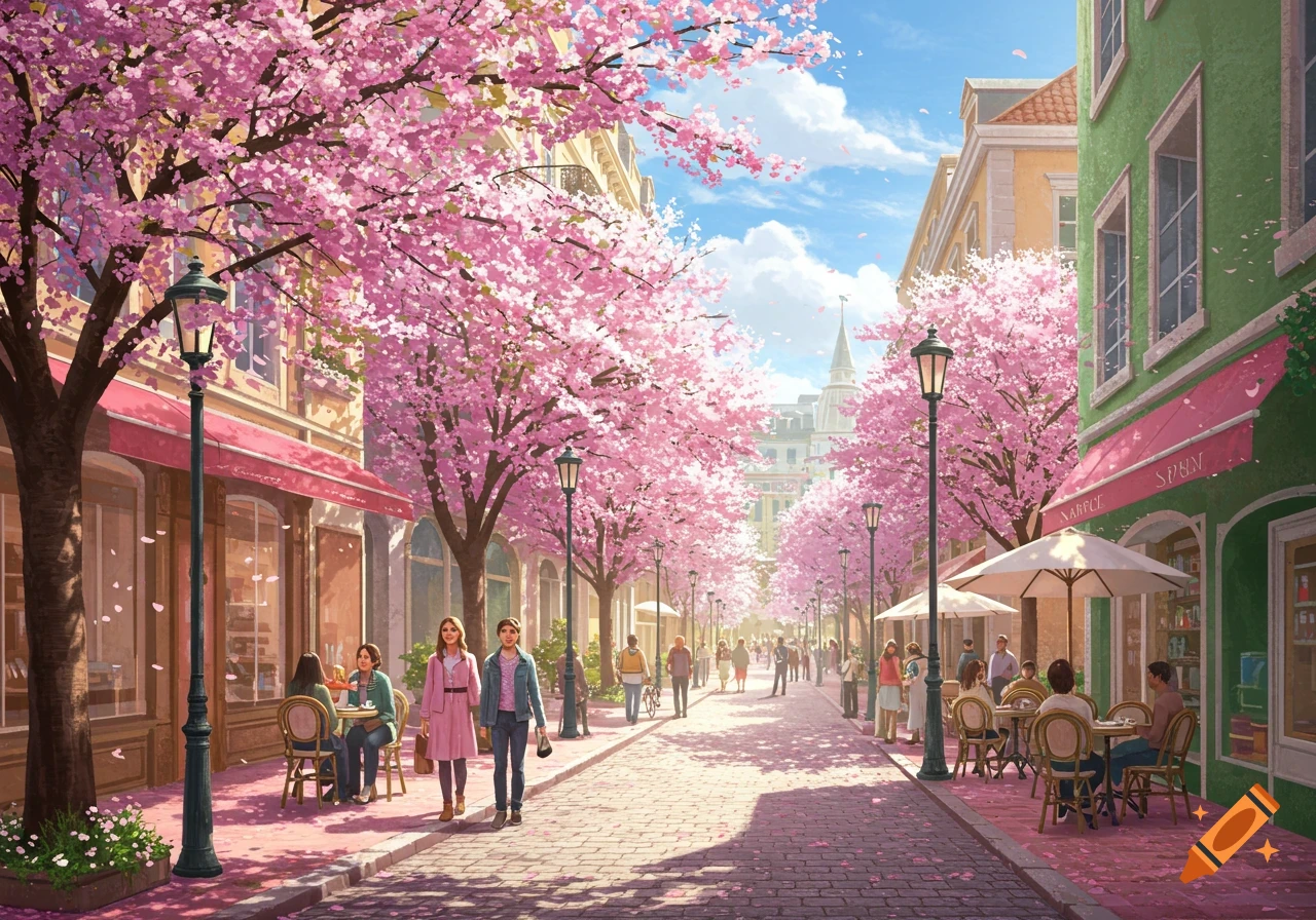 An anime-style illustration of a city street lined with pink cherry blossom trees, bustling with people walking and dining at outdoor cafes under a sunny sky.