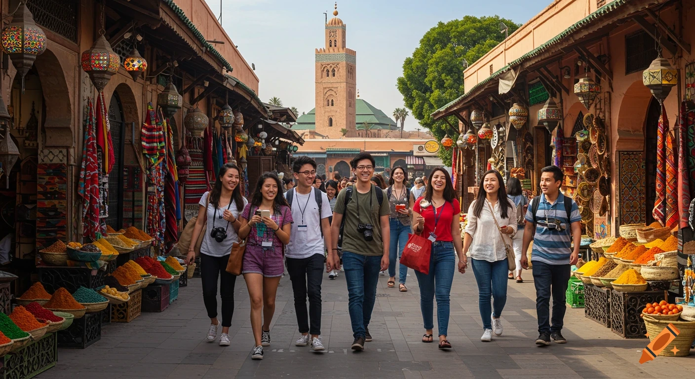 A group of smiling young adult students walk through a vibrant Moroccan souk, passing colorful spice stalls and lanterns, with a mosque in the background.