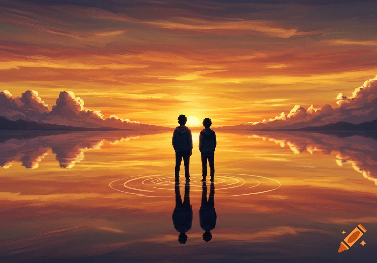 Two figures stand in water, backs to viewer, watching a vibrant orange and yellow sunset over a distant horizon with clouds, in an anime art style.