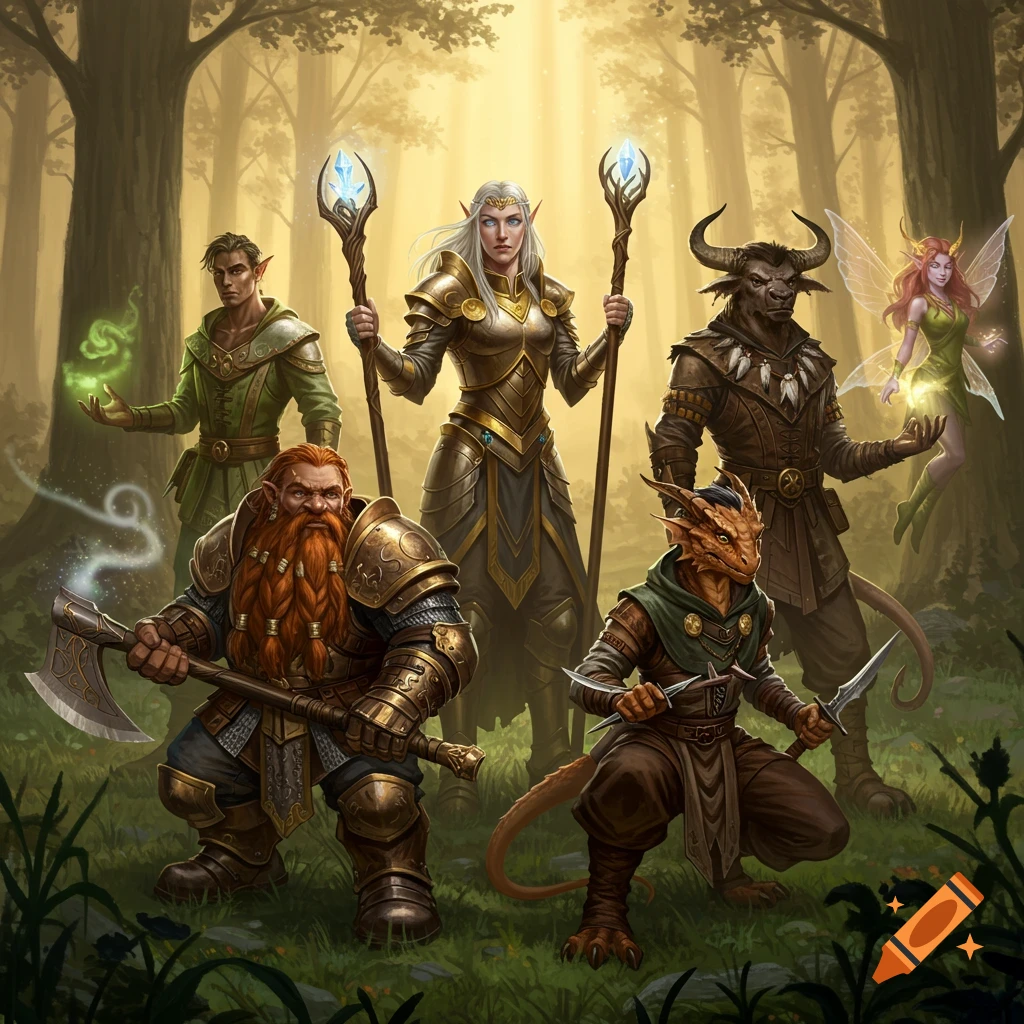 A detailed digital painting of a diverse group of fantasy characters including a dwarf, elf, minotaur, dragonborn, human, and fairy in a sunlit forest.