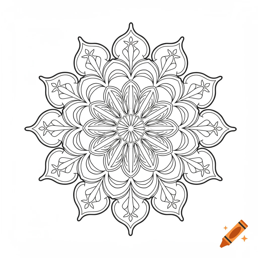 A simple black and white line art of a symmetrical mandala pattern, resembling a snowflake, for a coloring page.