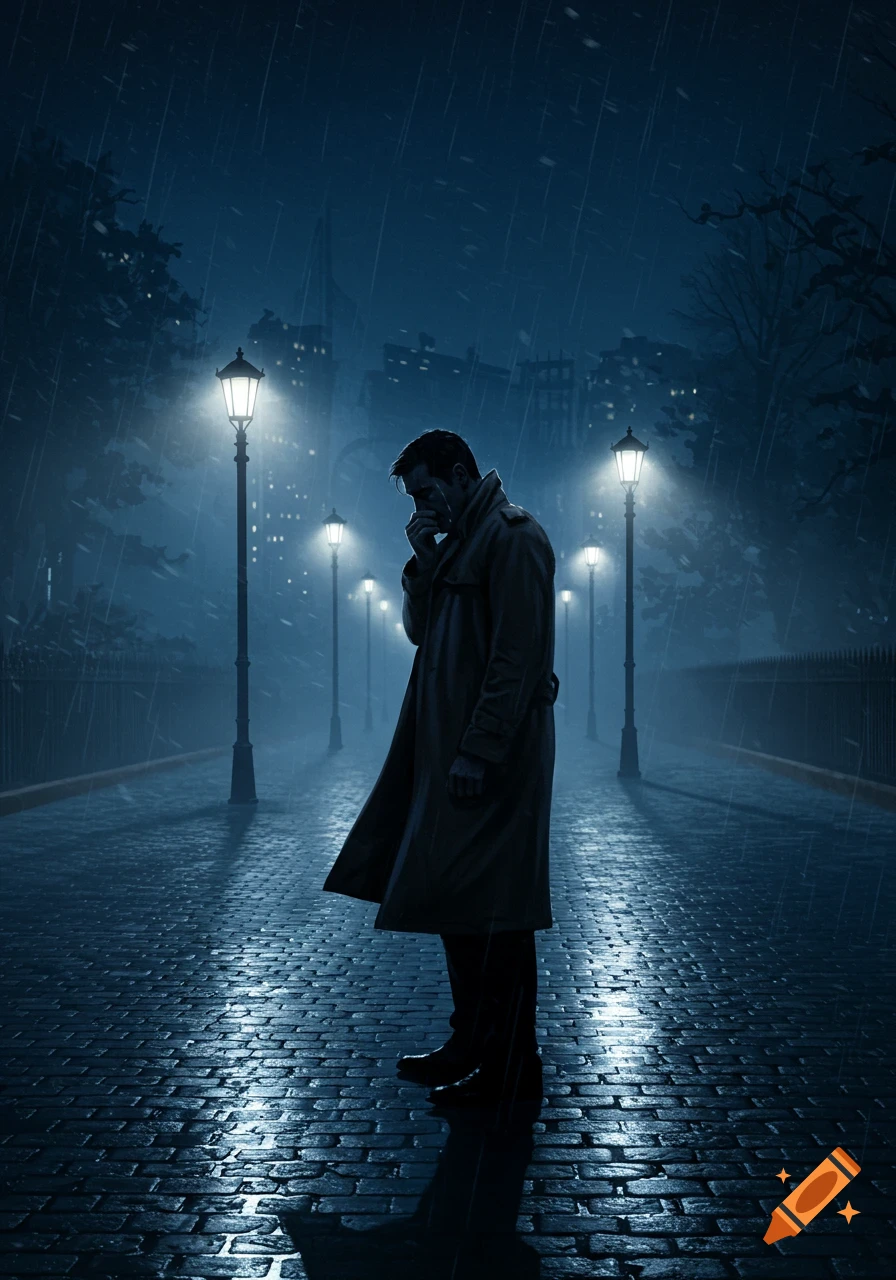 A man in a trench coat stands on a wet, rainy cobblestone street at night, illuminated by streetlights, looking distressed.