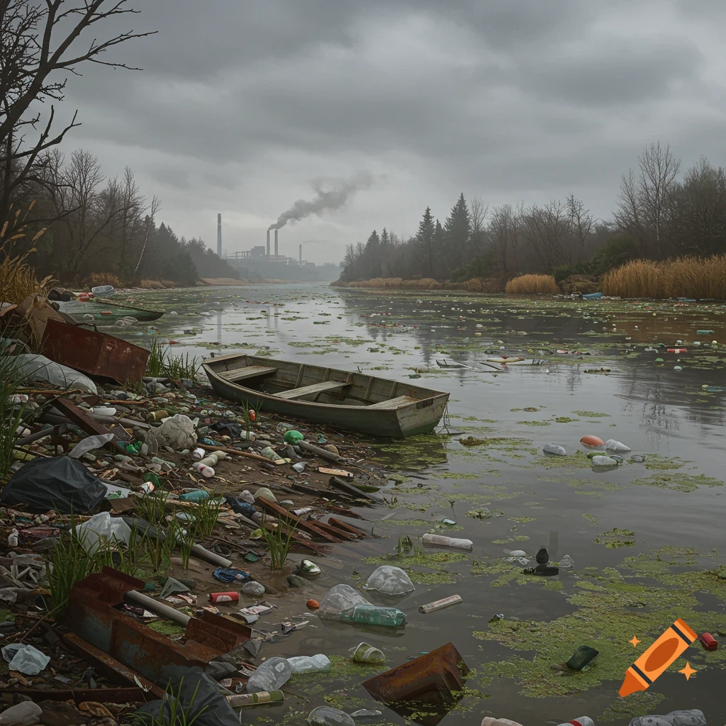 Photorealistic image of a heavily polluted river, a trash-filled bank with an abandoned boat, and industrial smokestacks under a grey sky.
