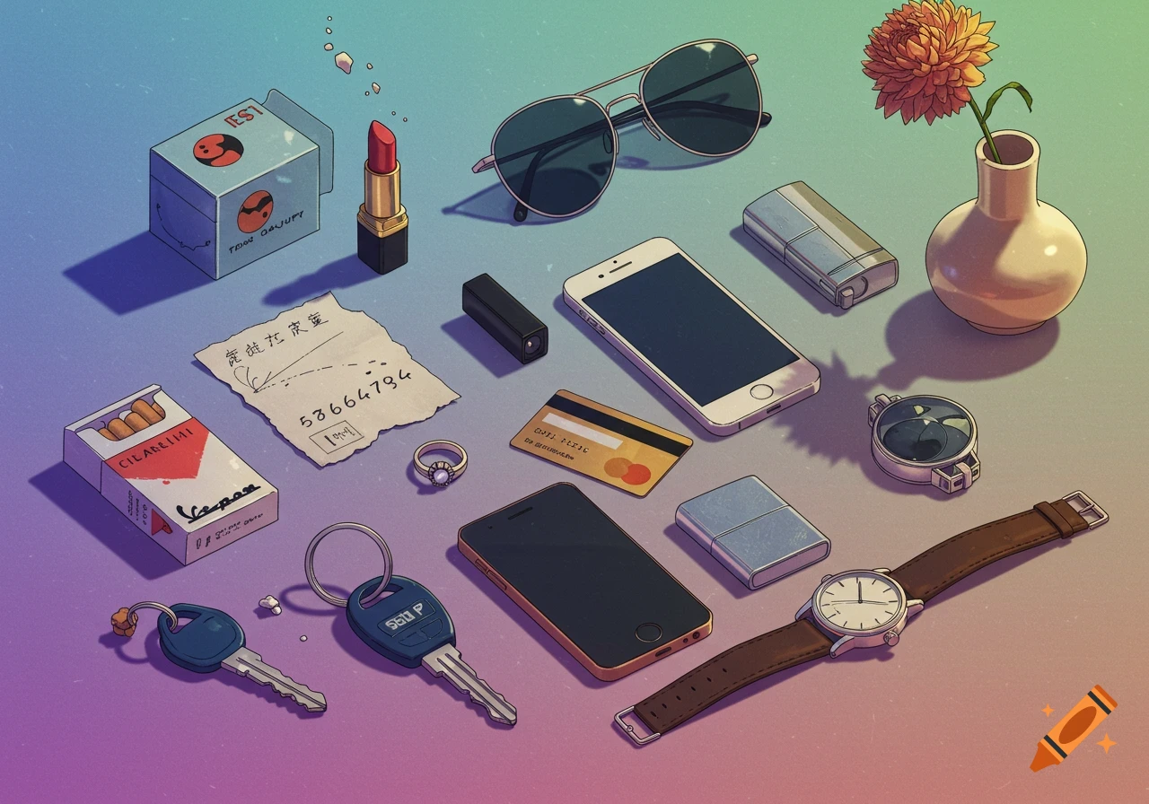 An overhead 3/4 perspective of various items including cigarettes, lipstick, rings, keys, phones, sunglasses, credit card, lighter, vase with a faded flower, and a watch, all in a Hiroshi Nagai-inspired pop art style with bright colors and distinct shadows.