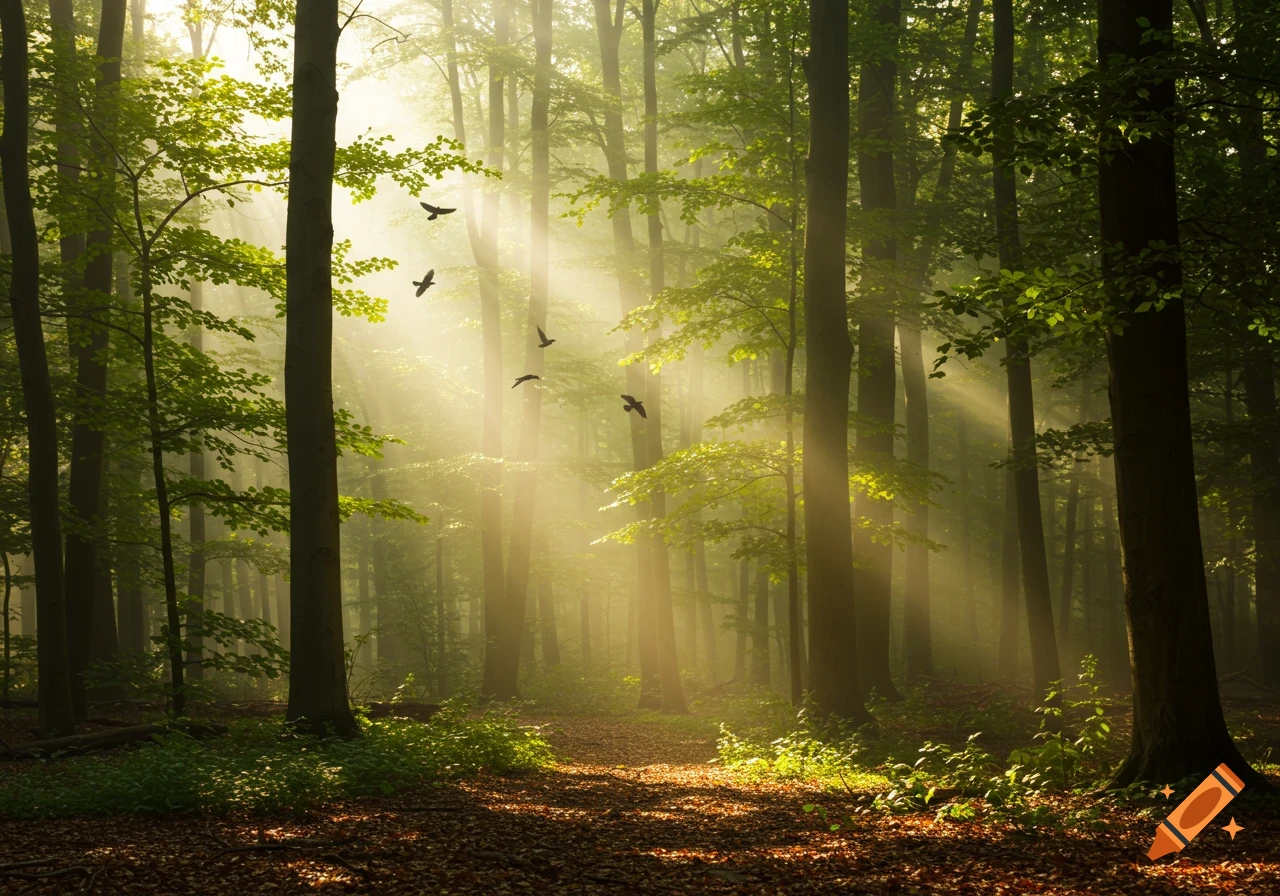 A photorealistic serene forest scene with sunlight filtering through tall trees and mist, with several birds flying.