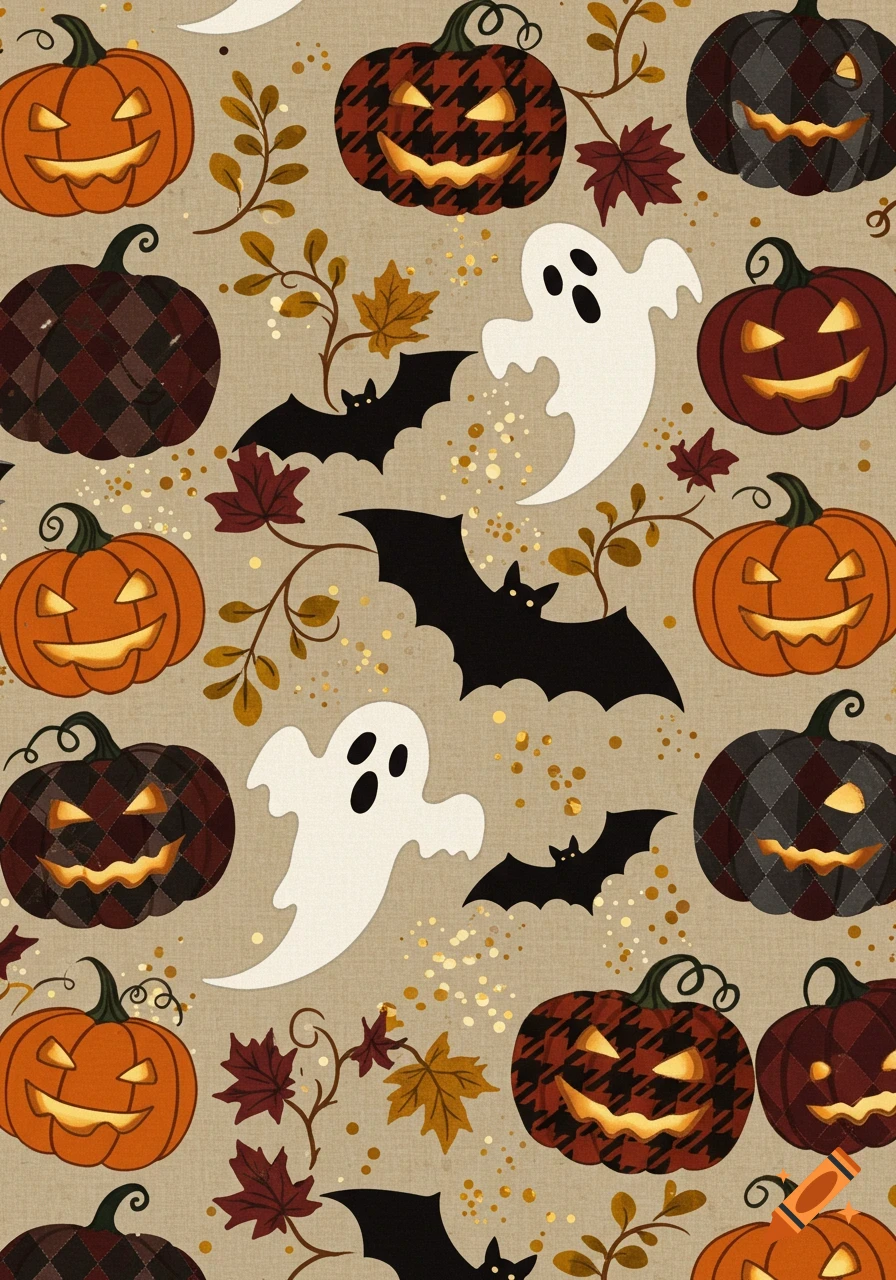 A seamless Halloween pattern with orange and plaid jack-o'-lanterns, white ghosts, black bats, and autumn leaves on a beige background.