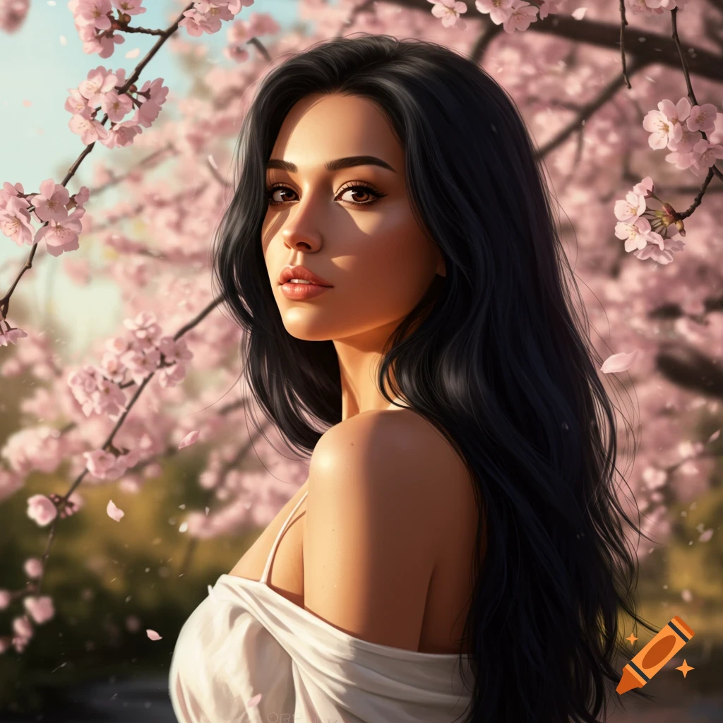 Photorealistic portrait of a woman with long dark hair looking over her shoulder, surrounded by pink cherry blossoms.