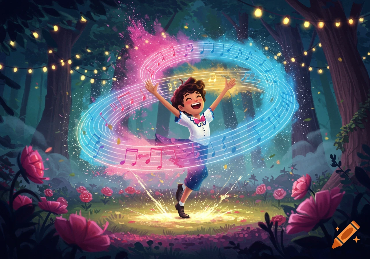 A happy child dances in an enchanted forest with string lights, surrounded by glowing pink and blue music notes and flowers.
